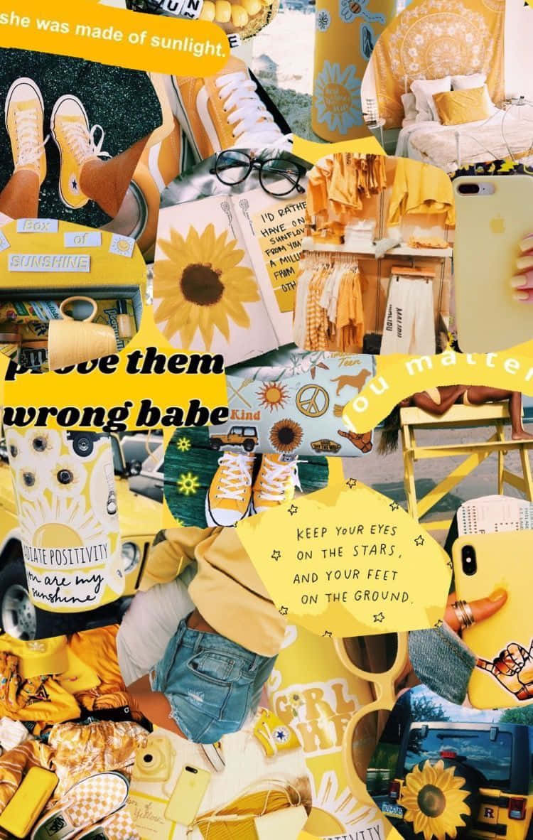 Yellow Aesthetic Collage 桌布 壁紙 — 充滿活力的黃色向日葵主題拼貼畫，包含運動鞋、書籍和勵志名言，呈現歡快陽光明媚的美感。