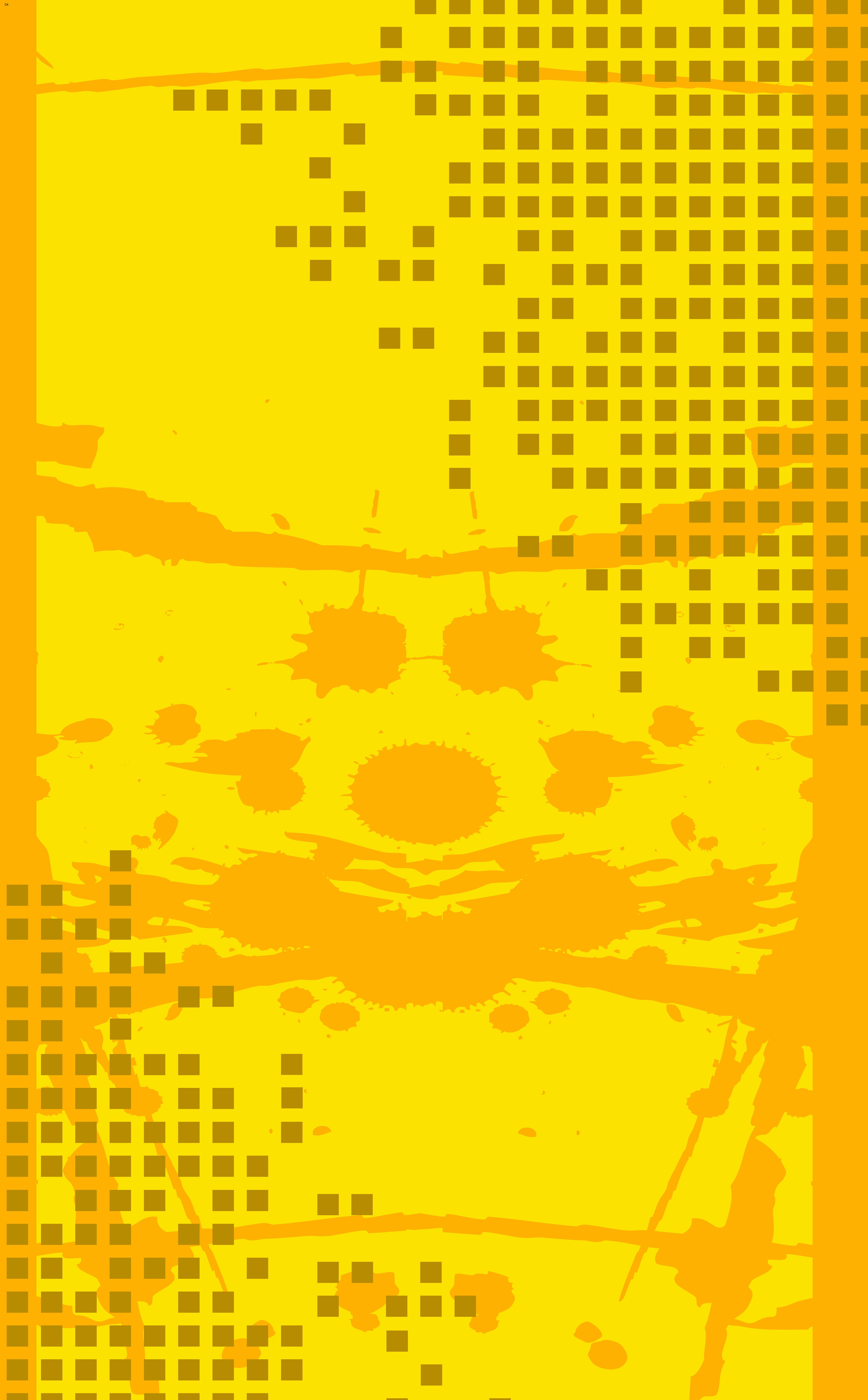 Yellow 桌布 壁紙 — 充滿活力的黃色和橙色抽象背景，帶有像素化網格和潑濺顏料效果。