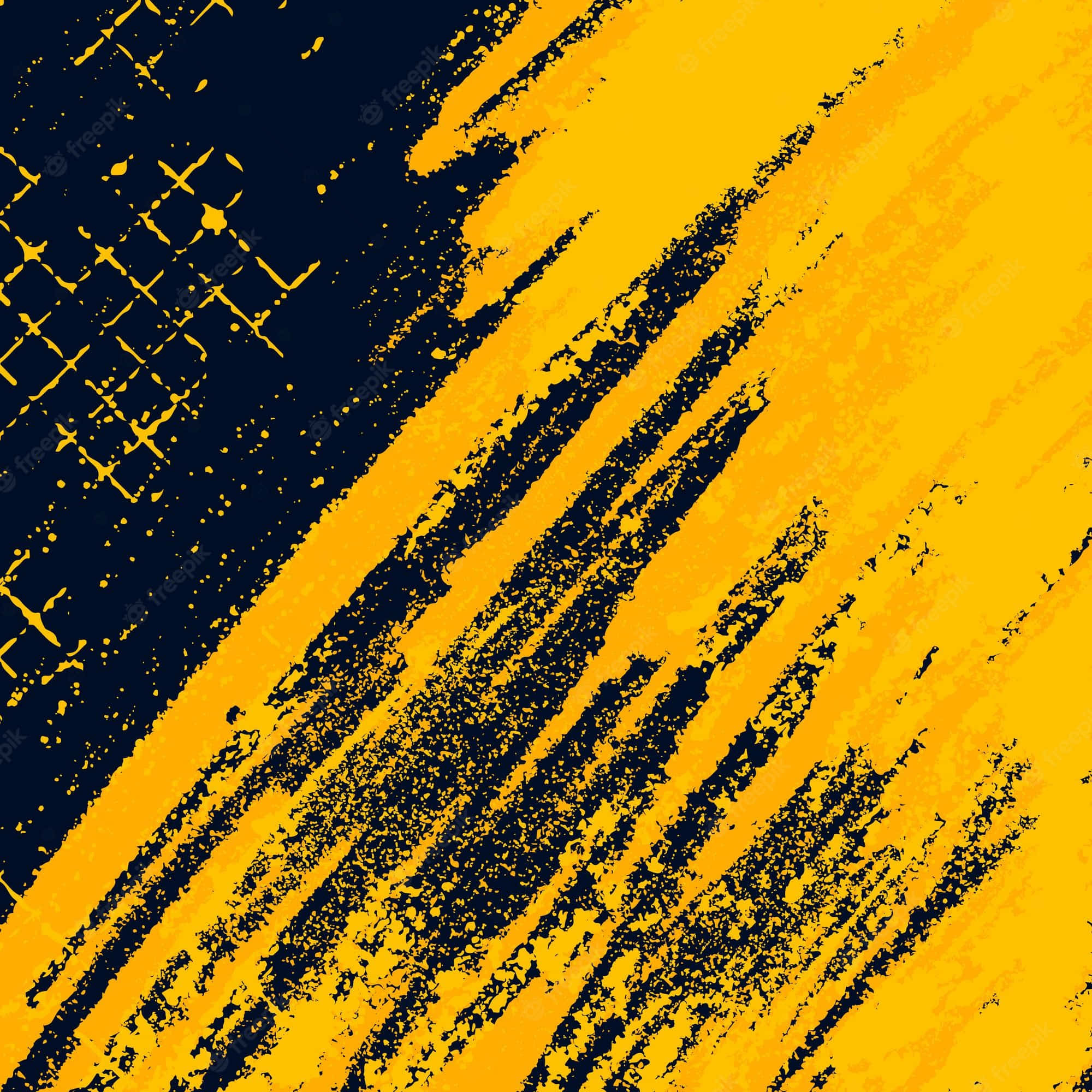 Yellow Grunge 桌布 壁紙 — 充滿活力的黃色和深海軍藍色對角線筆觸營造出帶有飛濺點綴的大膽紋理抽象背景。