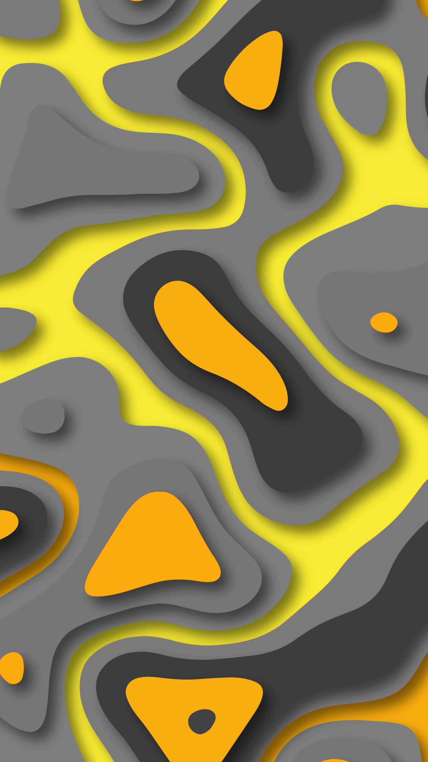 Android Material 桌布 壁紙 — 充滿活力的黃色和灰色抽象形狀，帶有層次深度和柔和陰影，營造出動感的現代壁紙。