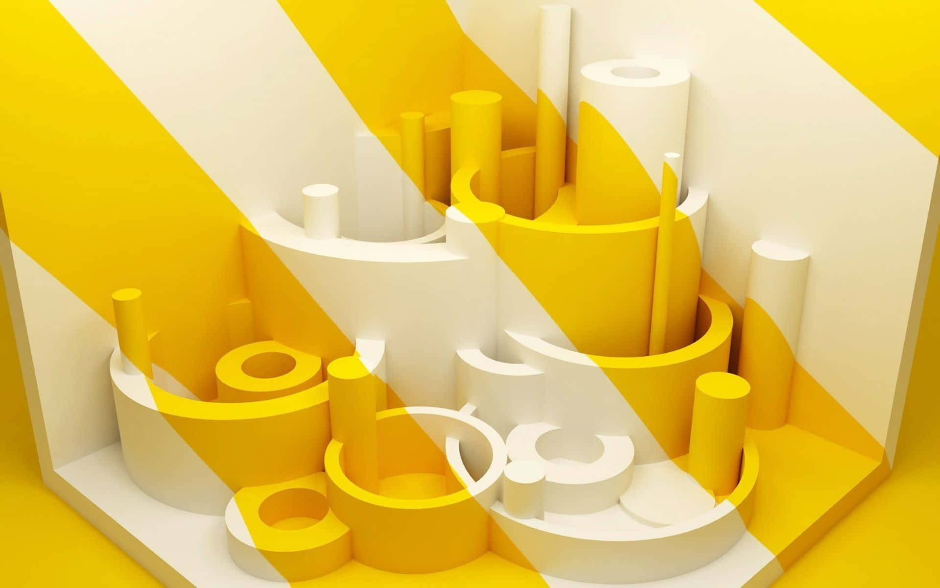 3D 桌布 壁紙 — 充滿活力的黃色和白色幾何圓柱體和圓環，排列成動態的 3D 渲染抽象構圖。