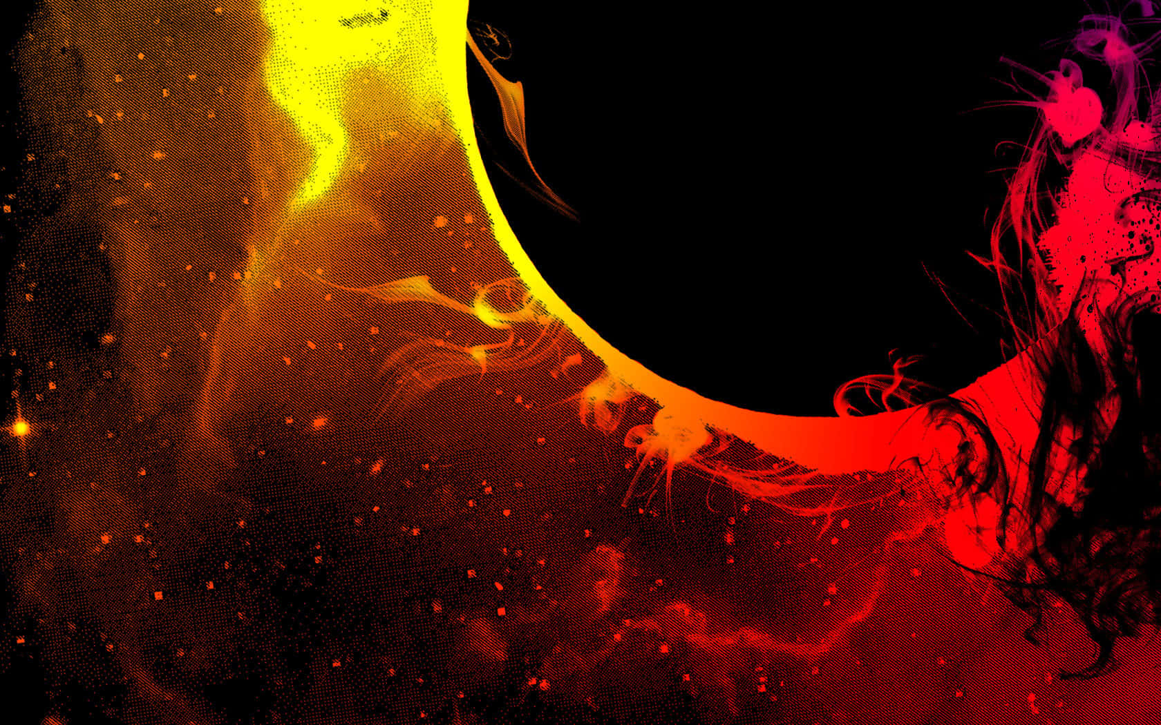 Black Hole Sun 桌布 壁紙 — 充滿活力的黃色和紅色墨水抽象漩渦在帶有發光斑點的黑色背景上爆發。