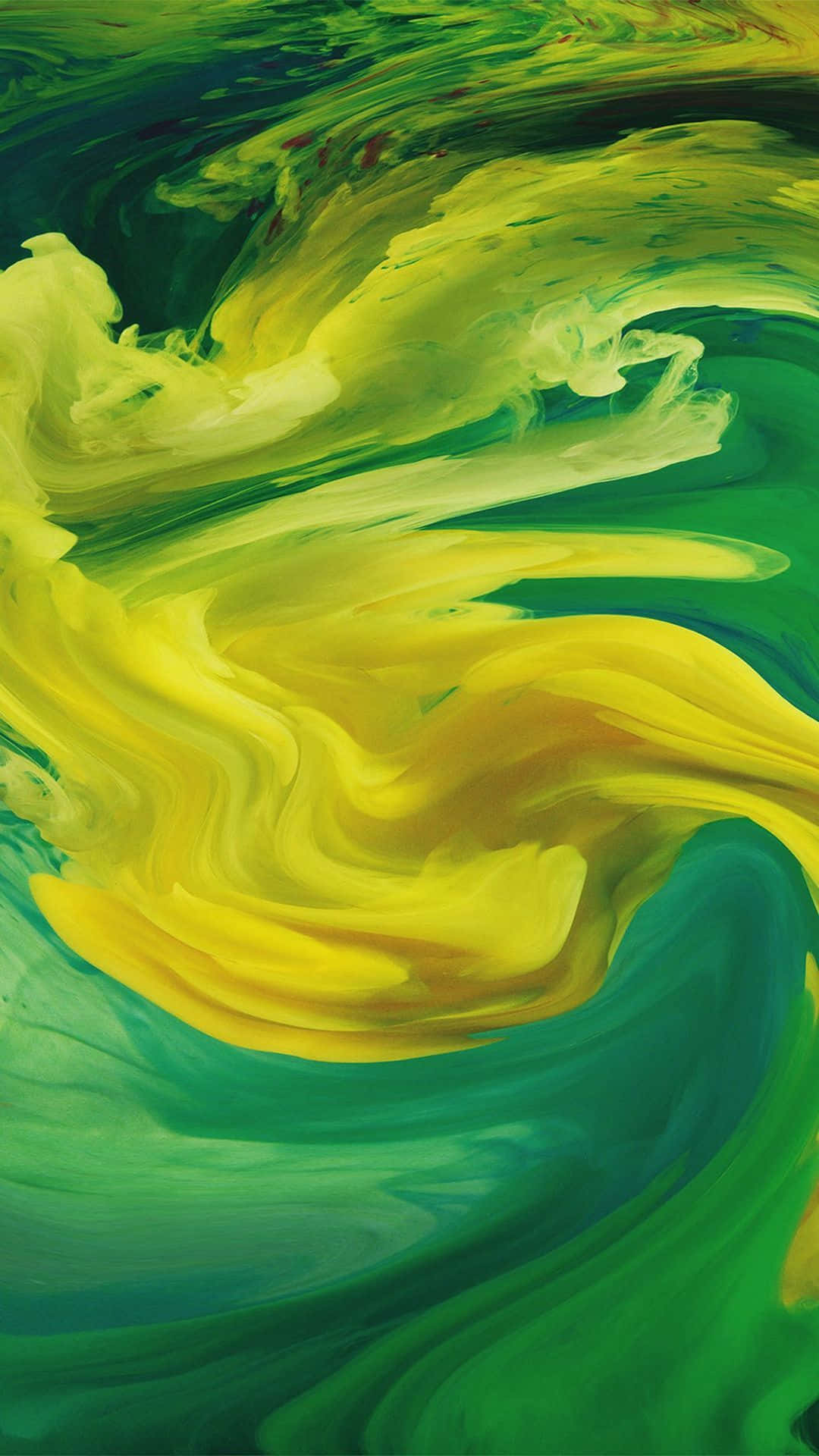 Yellow Painting 桌布 壁紙 — 充滿活力的黃色和綠色油漆漩渦在流動的抽象構圖中動態流動。