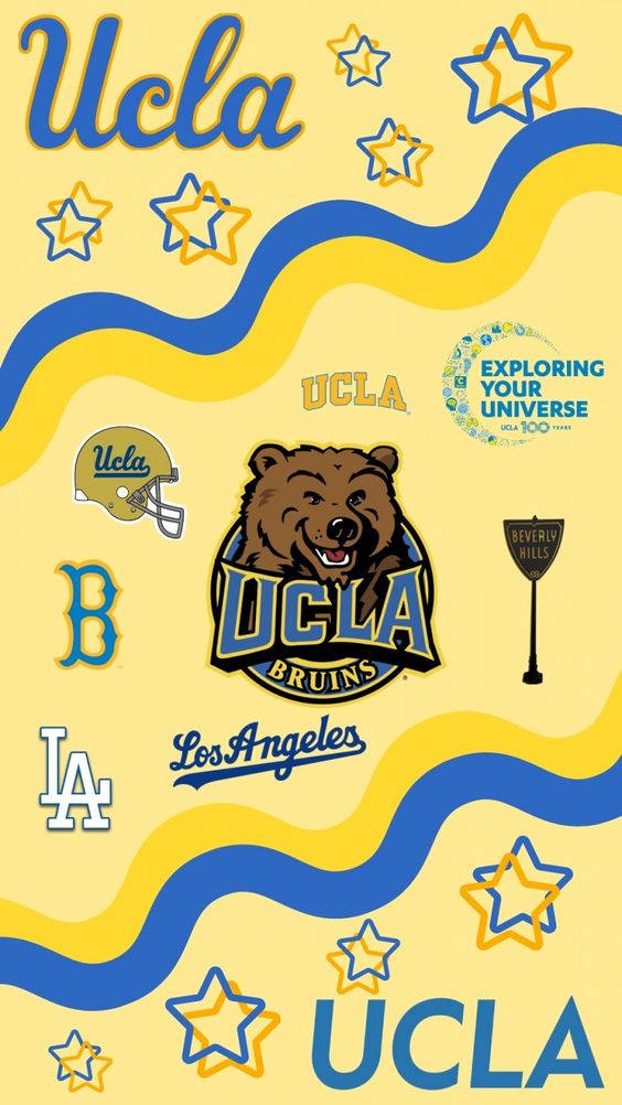 藍色 桌布 壁紙 — 充滿活力的黃色和藍色UCLA Bruins壁紙，帶有波浪線條、星星和標誌性標誌，包括熊頭盔和比佛利山莊標誌。