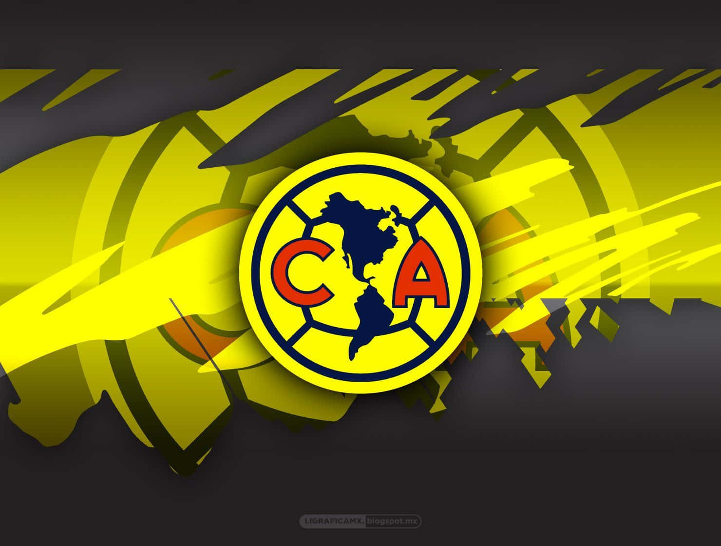 Club America 桌布 壁紙 — 充滿活力的黃色和黑色動態條紋在深色背景中央的標誌性 Club América 標誌周圍爆發。