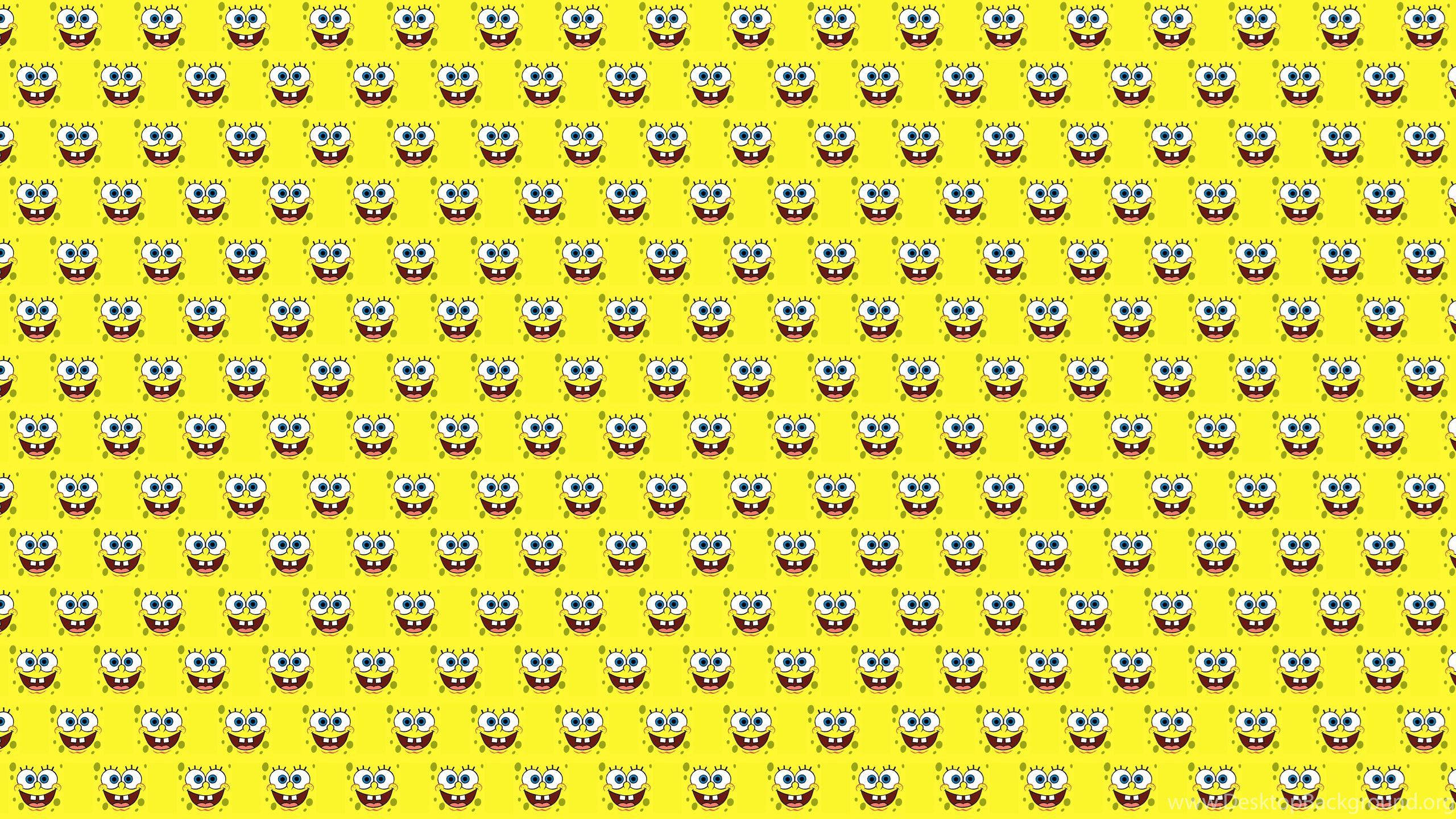 Yellow Aesthetic Computer 桌布 壁紙 — 充滿活力的黃色壁紙，上面重複著海綿寶寶的卡通笑臉。