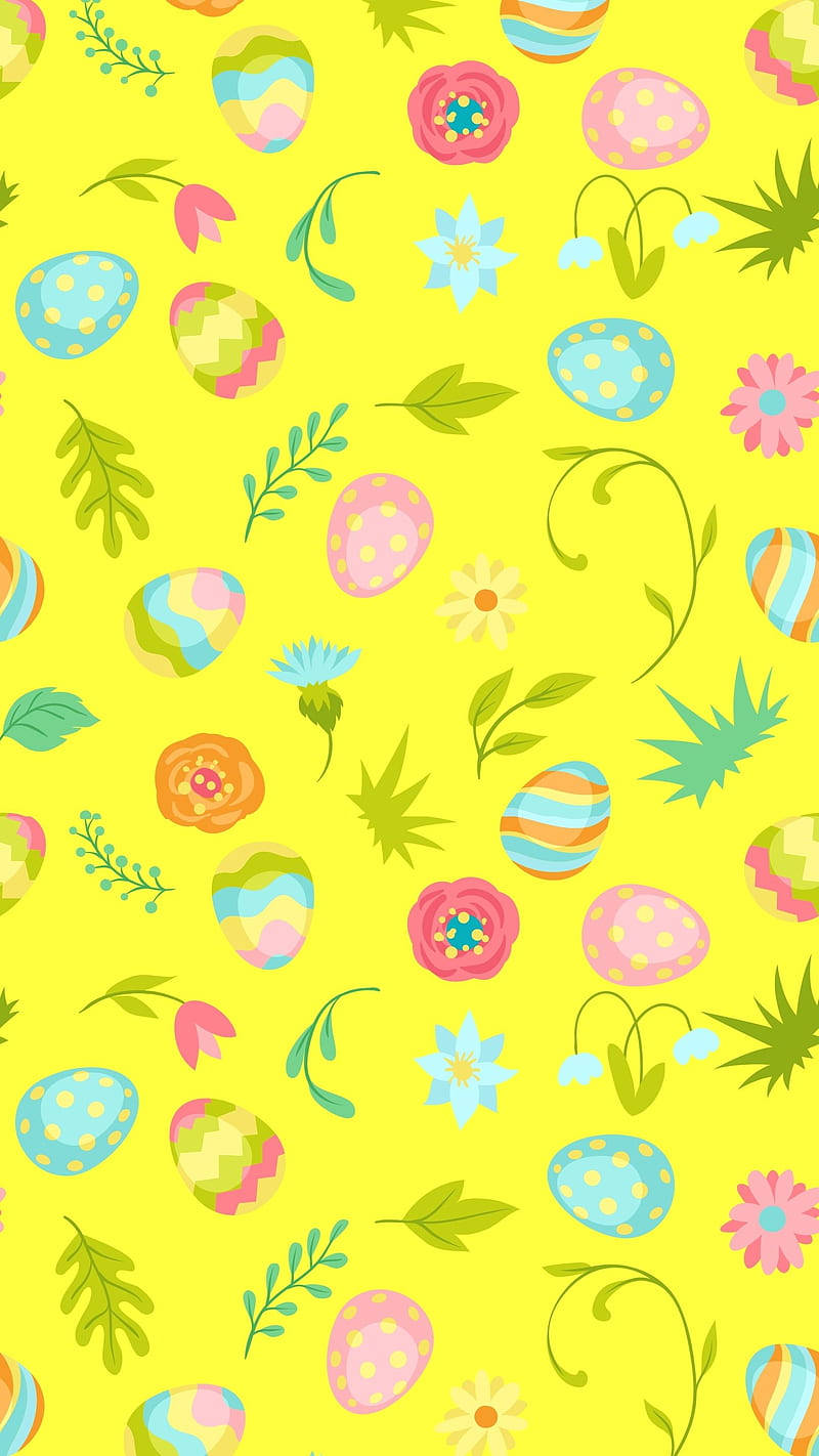 Spring iPhone 桌布 壁紙 — 充滿活力的黃色壁紙，佈滿色彩繽紛的復活節彩蛋、花朵和葉子，採用俏皮卡通風格。