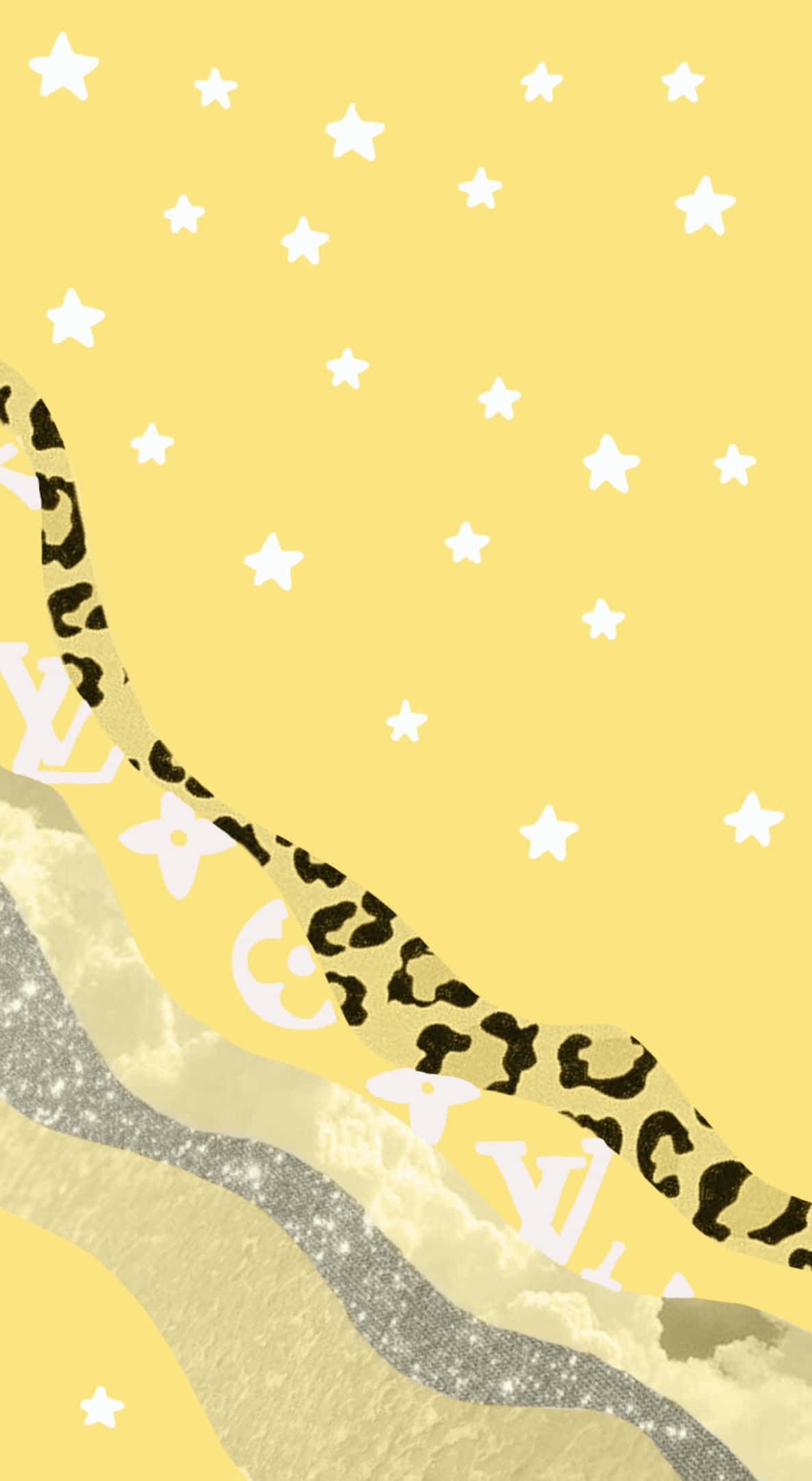 Yellow 桌布 壁紙 — 充滿活力的黃色壁紙，帶有白色星星、豹紋圖案和閃爍的銀色波浪，並飾有 Louis Vuitton 字母組合。