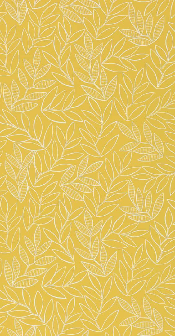 Yellow Aesthetic Phone 桌布 壁紙 — 充滿活力的黃色壁紙，帶有精緻的白色線條繪製葉片圖案，重複的植物設計。