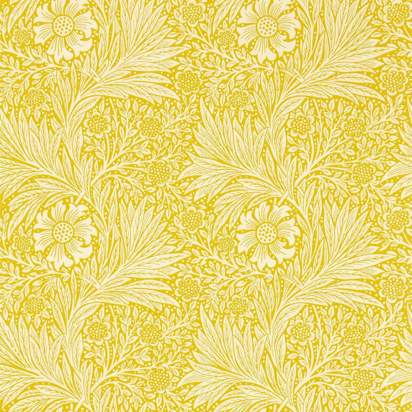 Retro Yellow 桌布 壁紙 — 充滿活力的黃色壁紙，帶有複雜的白色花卉和葉片圖案，呈重複的植物設計。