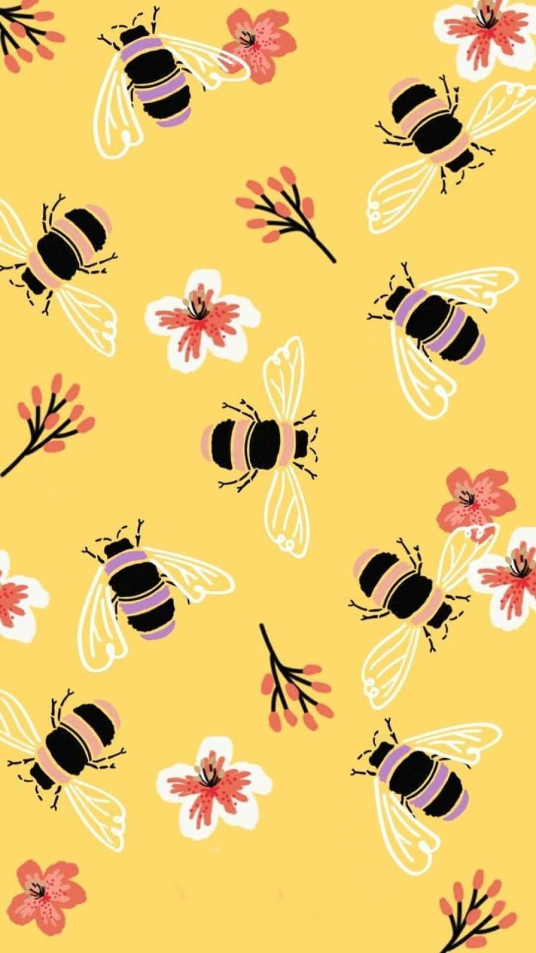 bees 桌布 壁紙 — 充滿活力的黃色壁紙，帶有風格化的蜜蜂和櫻花重複圖案。