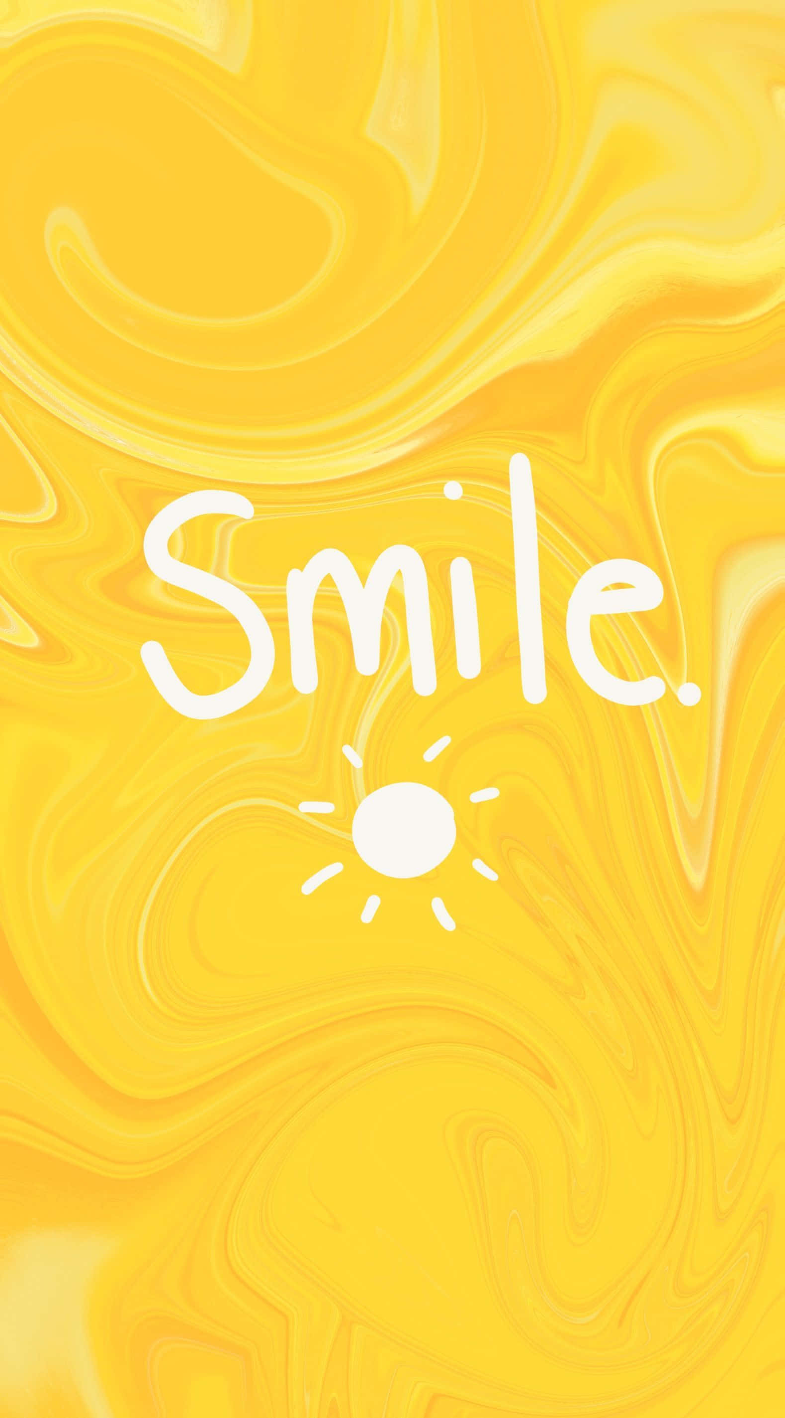 Brightening 桌布 壁紙 — 充滿活力的黃色大理石紋背景，帶有白色草書文字，寫著微笑和太陽圖示。