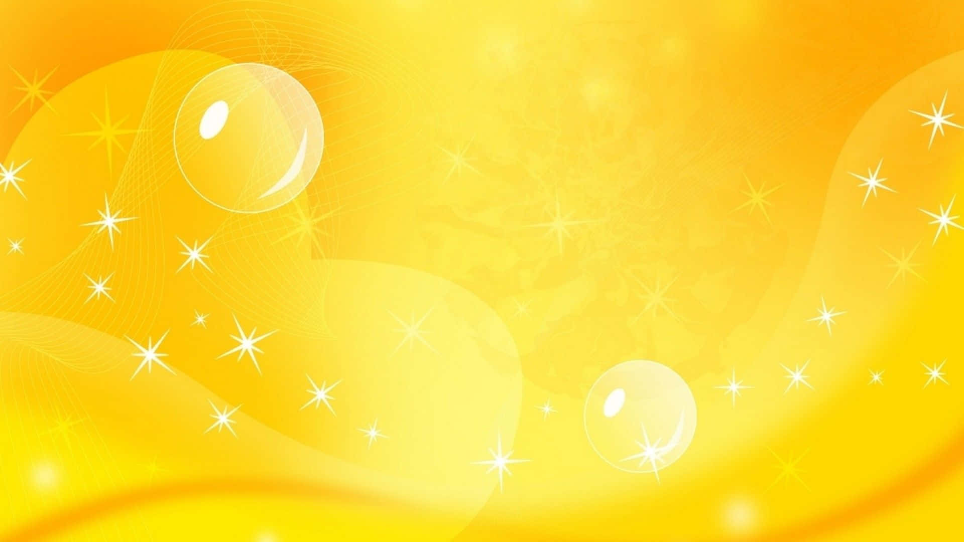 Yellow Painting 桌布 壁紙 — 充滿活力的黃色抽象背景，帶有發光氣泡和閃爍星星在流動曲線上。