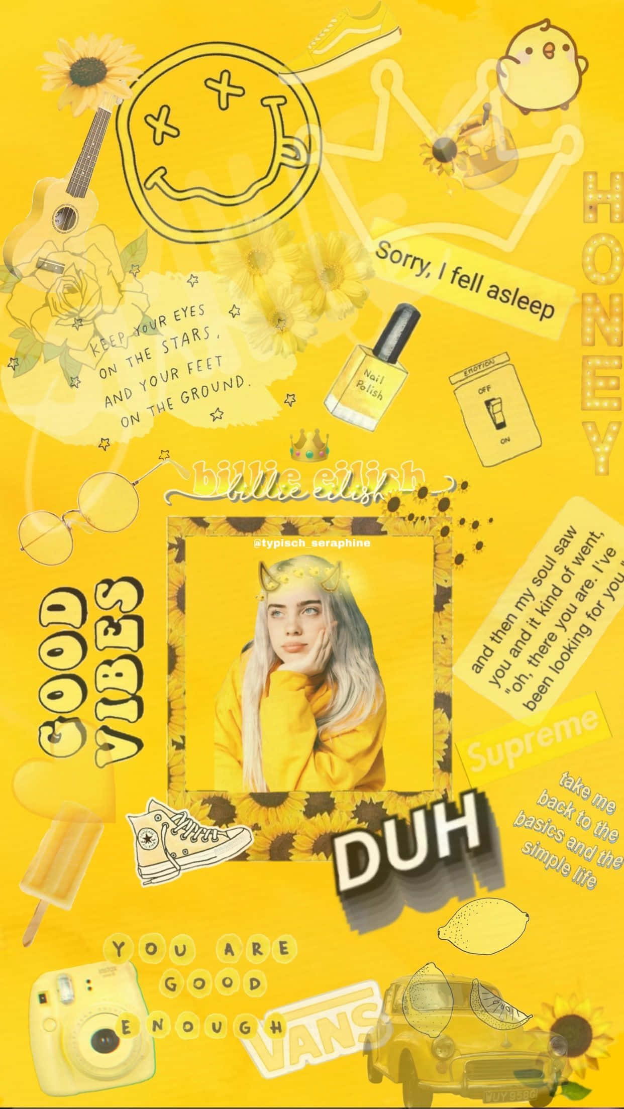 桌布 壁紙 — 充滿活力的黃色拼貼桌布，以塗鴉風格呈現 Billie Eilish、向日葵、吉他和勵志語句。