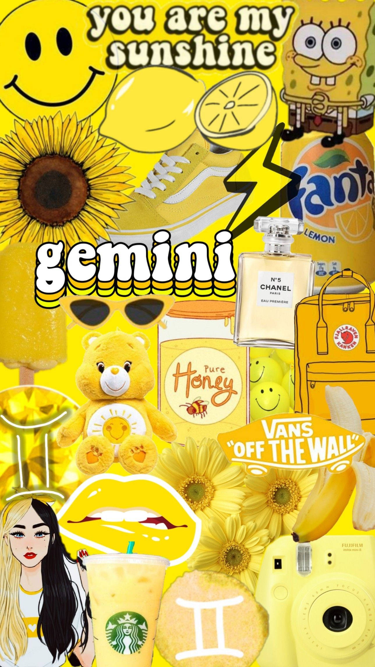 gemini 桌布 壁紙 — 充滿活力的黃色拼貼畫， featuring SpongeBob 向日葵檸檬汽水和雙子座主題物品。