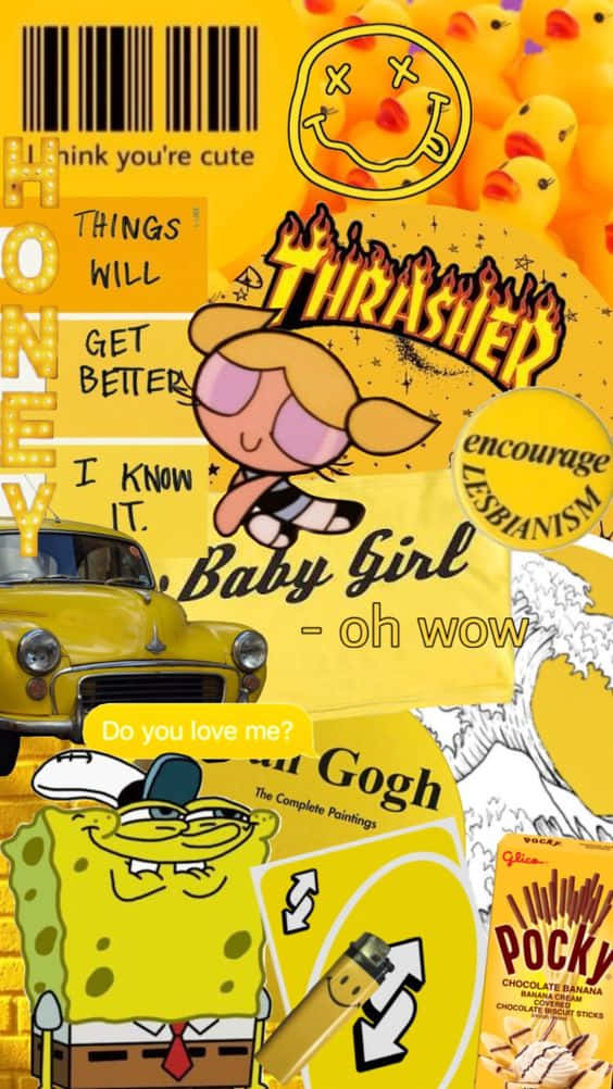 Yellow Aesthetic Collage 桌布 壁紙 — 充滿活力的黃色拼貼畫， featuring 卡通角色海綿寶寶和飛天小女警、復古汽車、Thrasher 雜誌和零食盒。