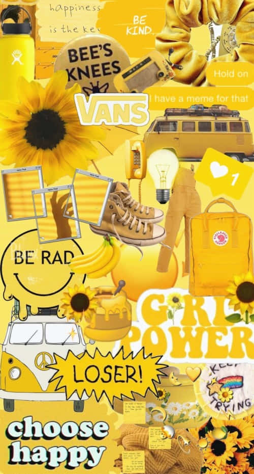 Yellow Aesthetic Collage 桌布 壁紙 — 充滿活力的黃色拼貼畫，以向日葵、Vans 運動鞋和勵志名言為特色，呈現歡快、年輕的美學。