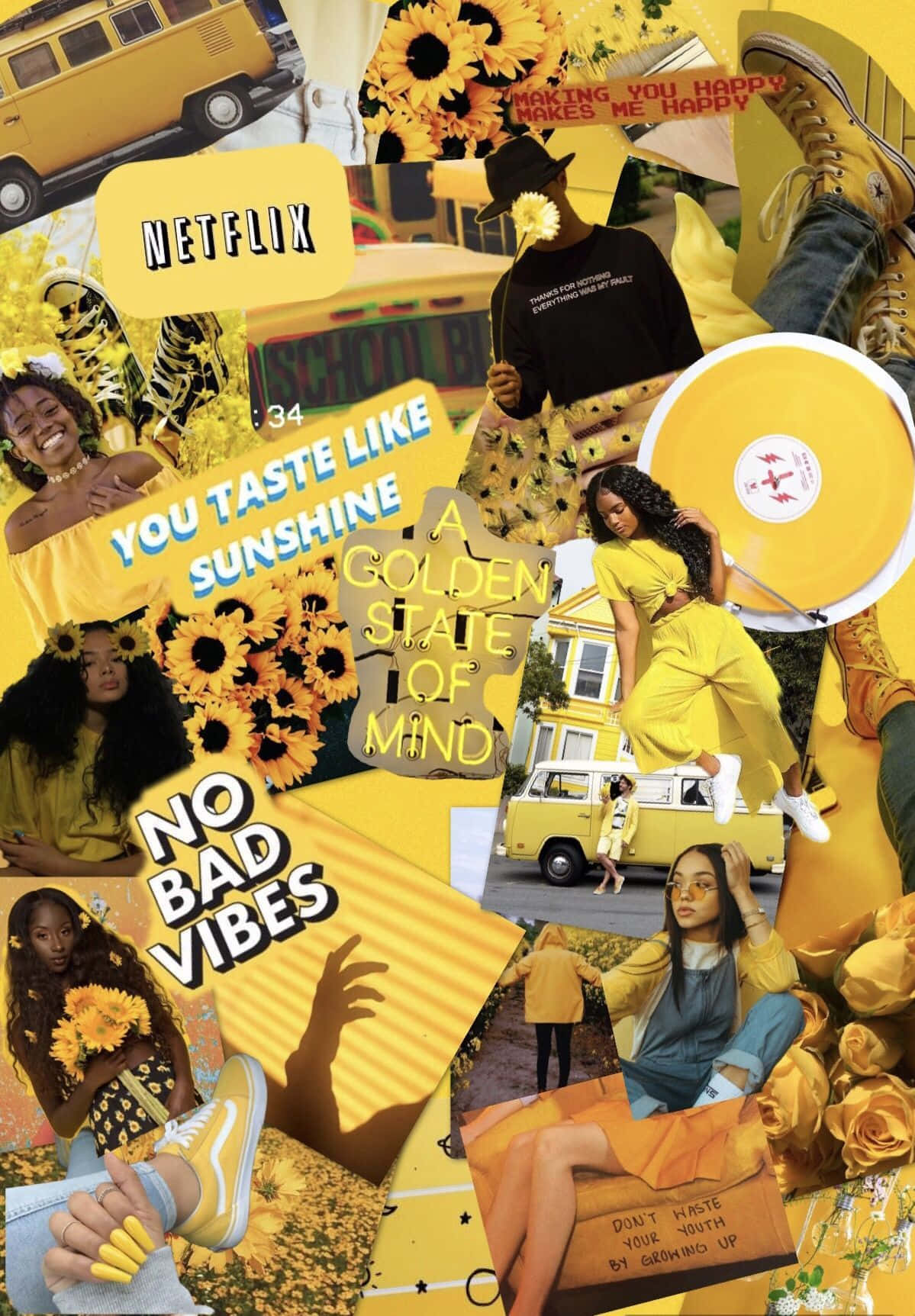 Yellow Aesthetic Collage 桌布 壁紙 — 充滿活力的黃色拼貼畫，以向日葵、人物、貨車和文字為特色，宣揚快樂的積極態度和金色心境。