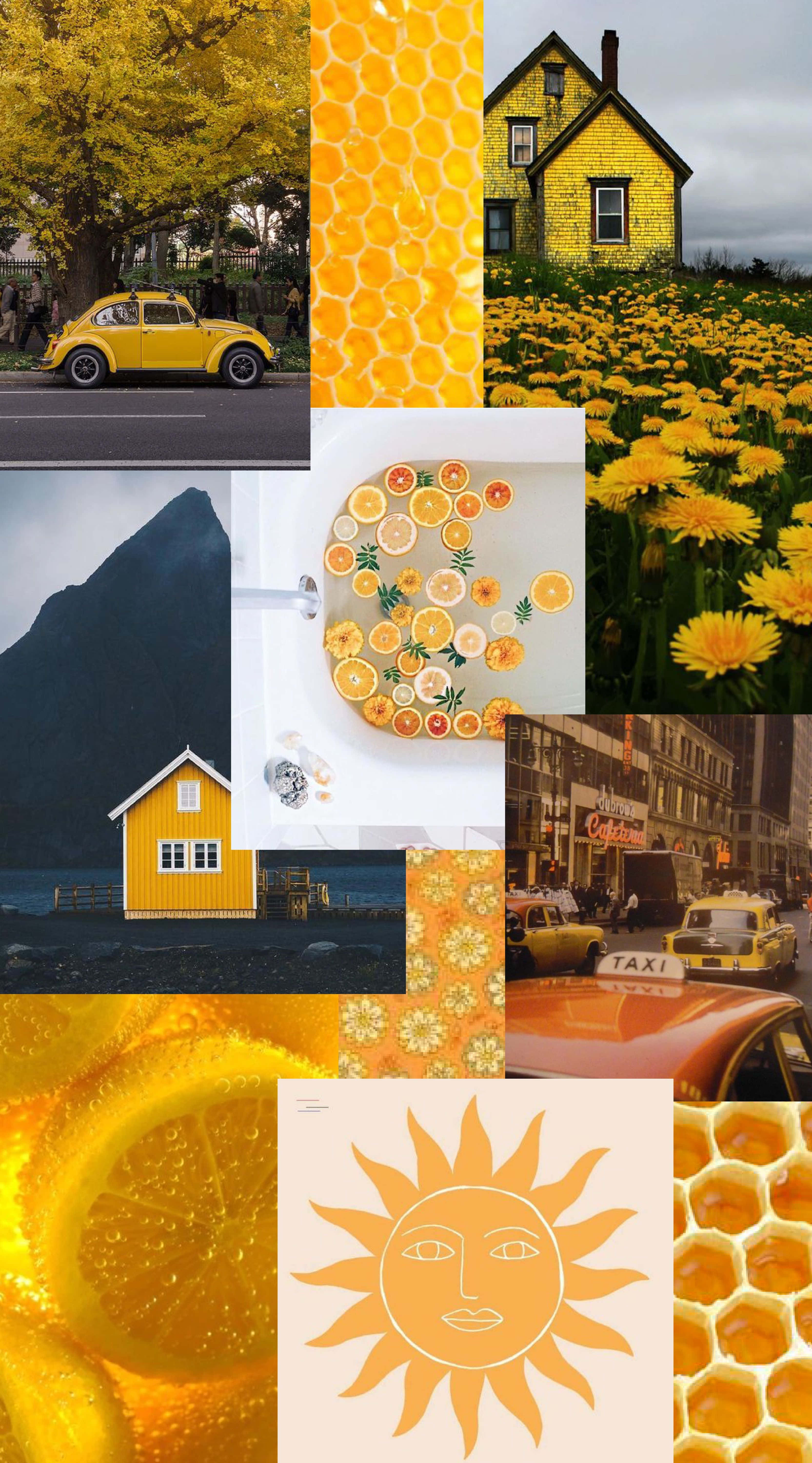Yellow Aesthetic Phone 桌布 壁紙 — 充滿活力的黃色拼貼畫，以汽車、房屋、花朵、蜂蜜和太陽圖案為特色，營造出歡快陽光明媚的主題。