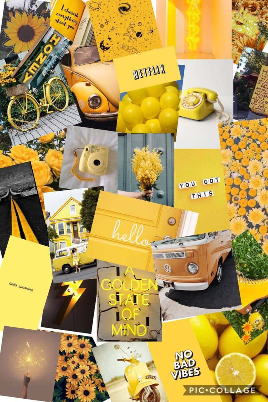 Yellow Aesthetic Phone 桌布 壁紙 — 充滿活力的黃色拼貼畫，包含向日葵、復古汽車、檸檬和勵志名言，風格歡快復古。
