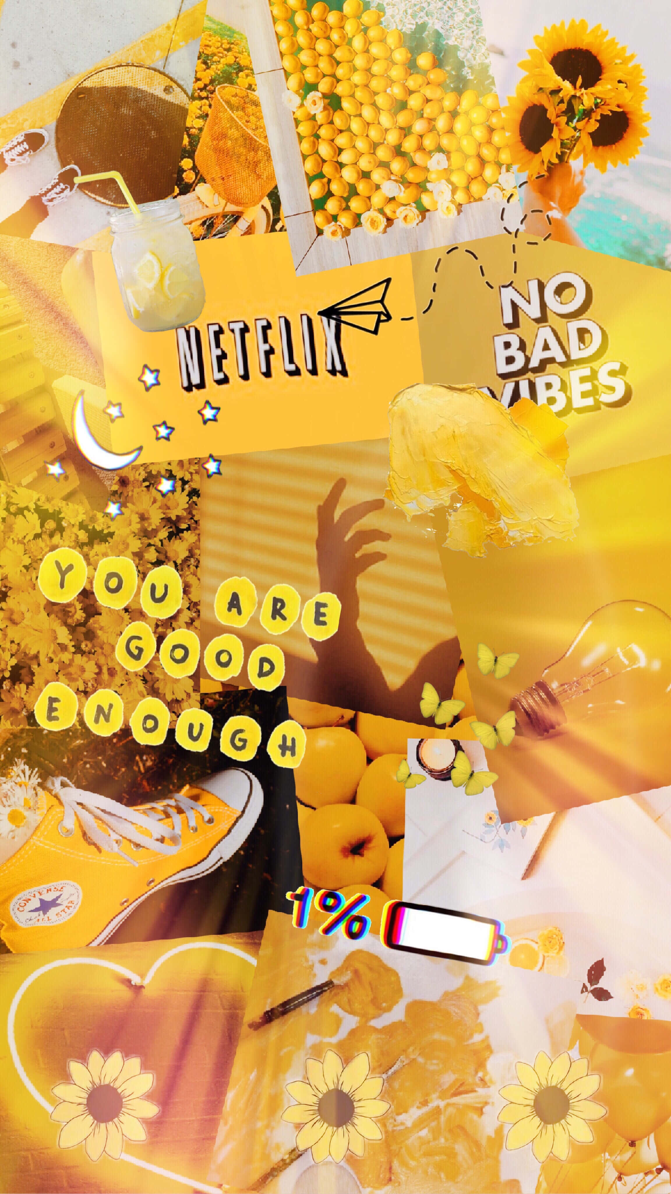 Yellow Aesthetic Phone 桌布 壁紙 — 充滿活力的黃色拼貼畫，包含向日葵、檸檬、運動鞋和帶有Netflix標誌的勵志文字。