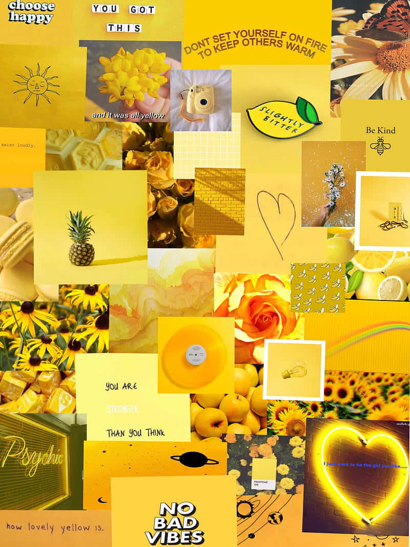 Yellow Aesthetic Phone 桌布 壁紙 — 充滿活力的黃色拼貼畫，包含向日葵、鳳梨、檸檬、勵志名言和心形圖案，營造出振奮人心、歡快的美感。