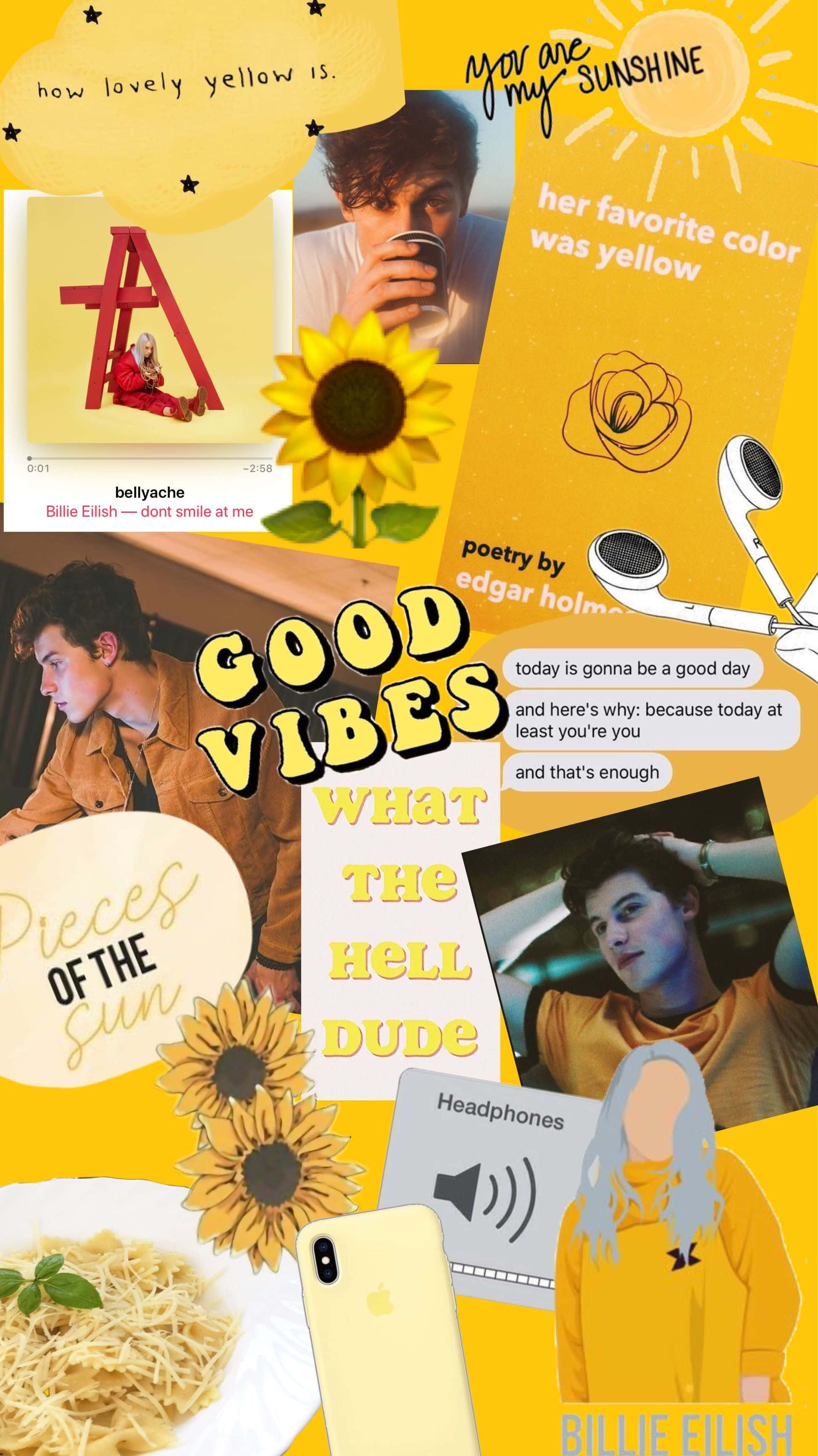 美學拼貼 桌布 壁紙 — 充滿活力的黃色拼貼畫，包含向日葵、Billie Eilish 語錄、年輕男子的照片，以及振奮人心的文字和義大利麵。
