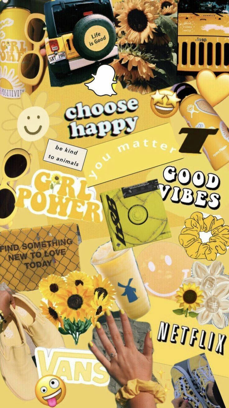 Cute Yellow Aesthetic 桌布 壁紙 — 充滿活力的黃色拼貼畫，包含向日葵、運動鞋、零食以及「choose happy」和「girl power」等勵志短語。
