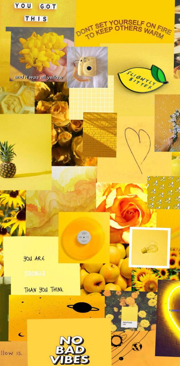 Cute Yellow Aesthetic 桌布 壁紙 — 充滿活力的黃色拼貼畫，包含向日葵、鳳梨、玫瑰、名言和勵志文字，營造歡快振奮的氛圍。