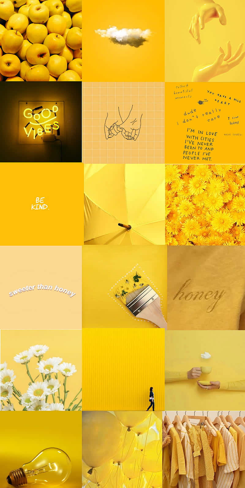 Yellow Aesthetic Phone 桌布 壁紙 — 充滿活力的黃色拼貼畫，包含蘋果、雛菊、雨傘和手寫語錄，營造出歡樂振奮的氛圍。