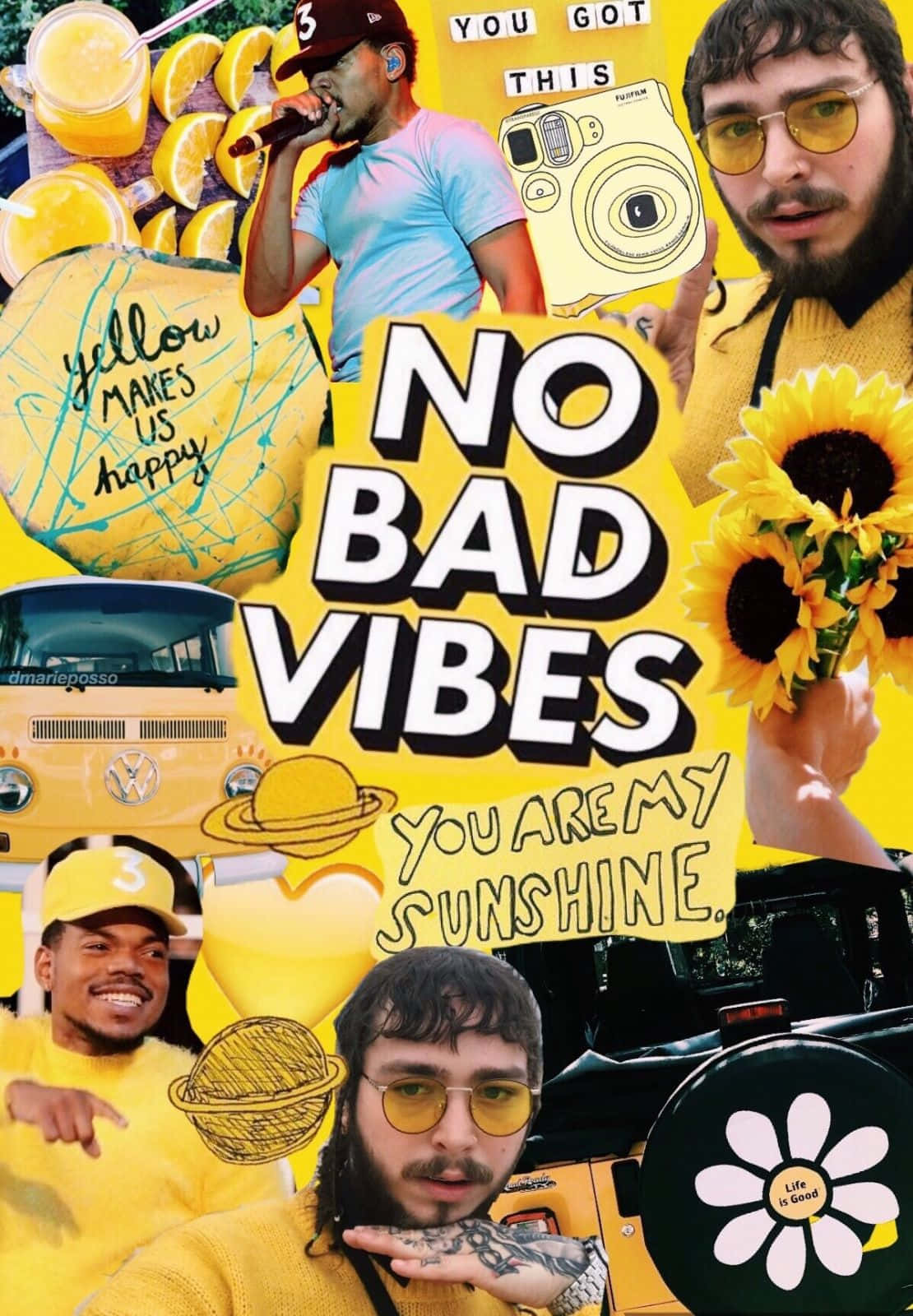 Post Malone 桌布 壁紙 — 充滿活力的黃色拼貼畫，展示微笑的男人穿著黃色服裝，手持向日葵和復古汽車，並帶有振奮人心的文字。