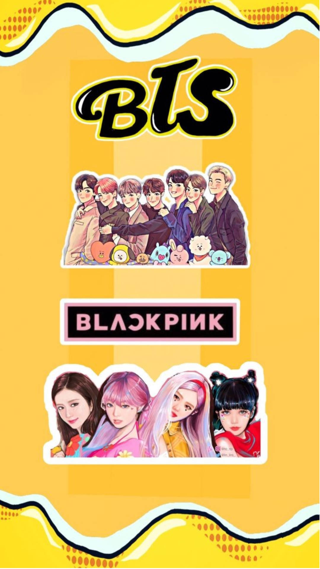 BTS 和 BLACKPINK 桌布 壁紙 — 充滿活力的黃色桌布，以有趣的卡通邊框展示插圖K-pop組合BTS和BLACKPINK。