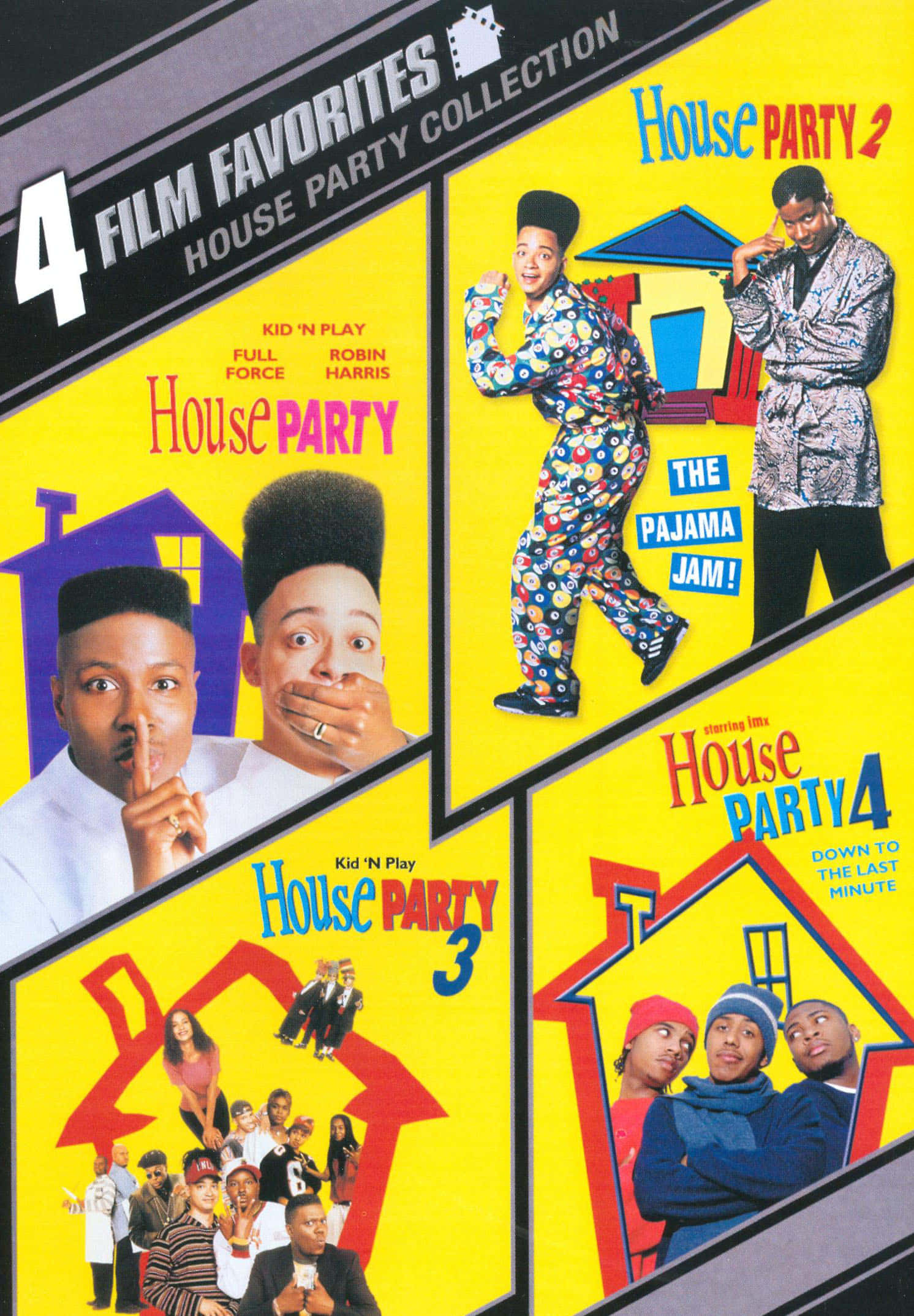 House Party 桌布 壁紙 — 充滿活力的黃色海報拼貼，包含四張《House Party》電影封面，特色是色彩繽紛的角色穿著睡衣和富有表現力的姿勢。