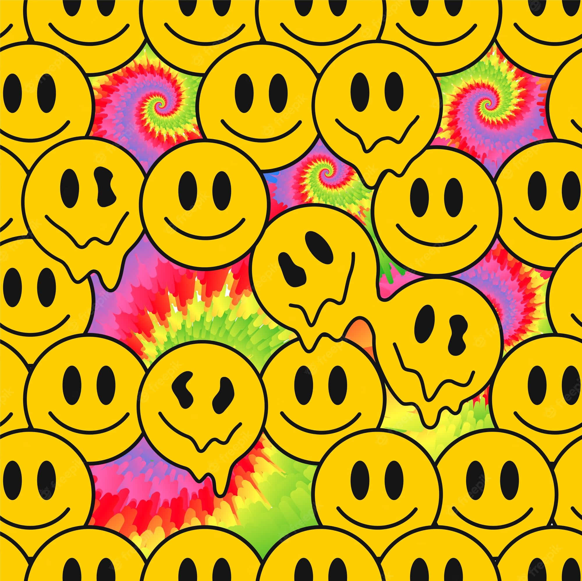 Smile Emoji 桌布 壁紙 — 充滿活力的黃色笑臉在迷幻紮染漩渦上滴落，形成重複圖案。
