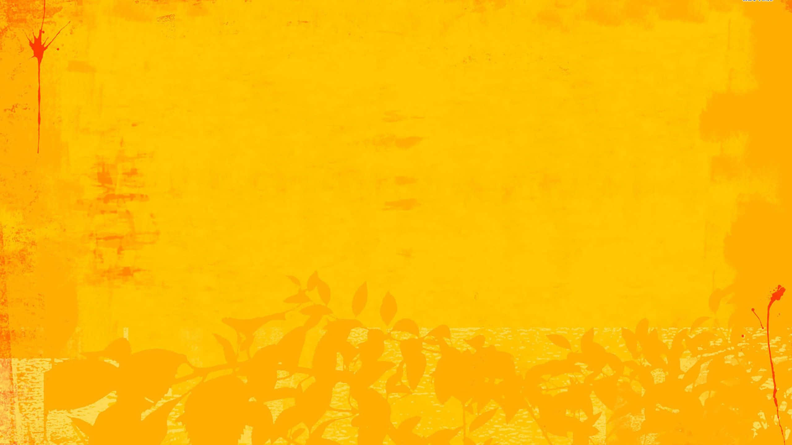 Yellow Abstract 桌布 壁紙 — 充滿活力的黃色紋理背景，底部有深色植物剪影和紅色飛濺點綴。