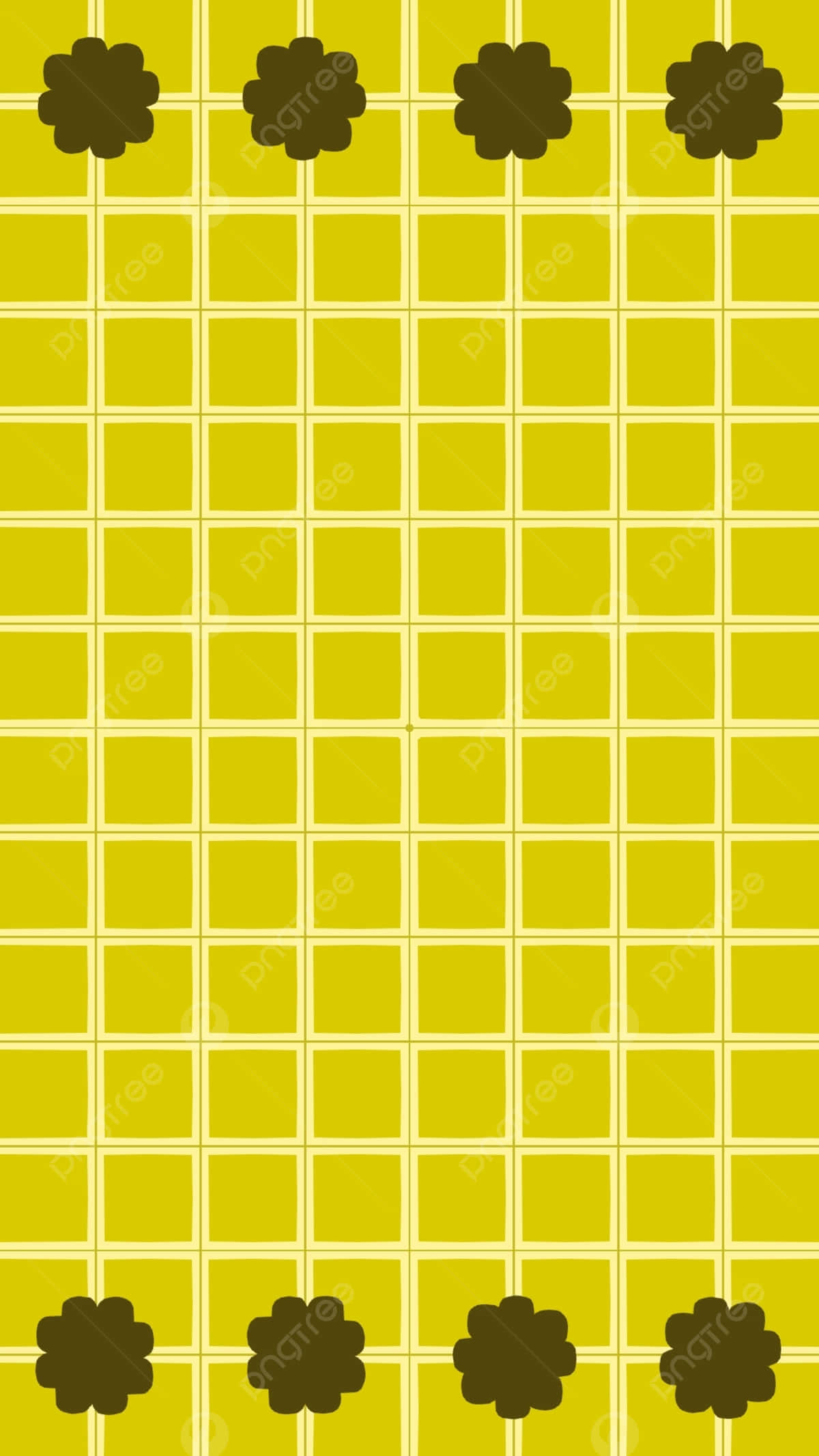 Aesthetic Yellow 桌布 壁紙 — 充滿活力的黃色網格圖案壁紙，頂部和底部邊緣帶有深棕色花卉圖案。