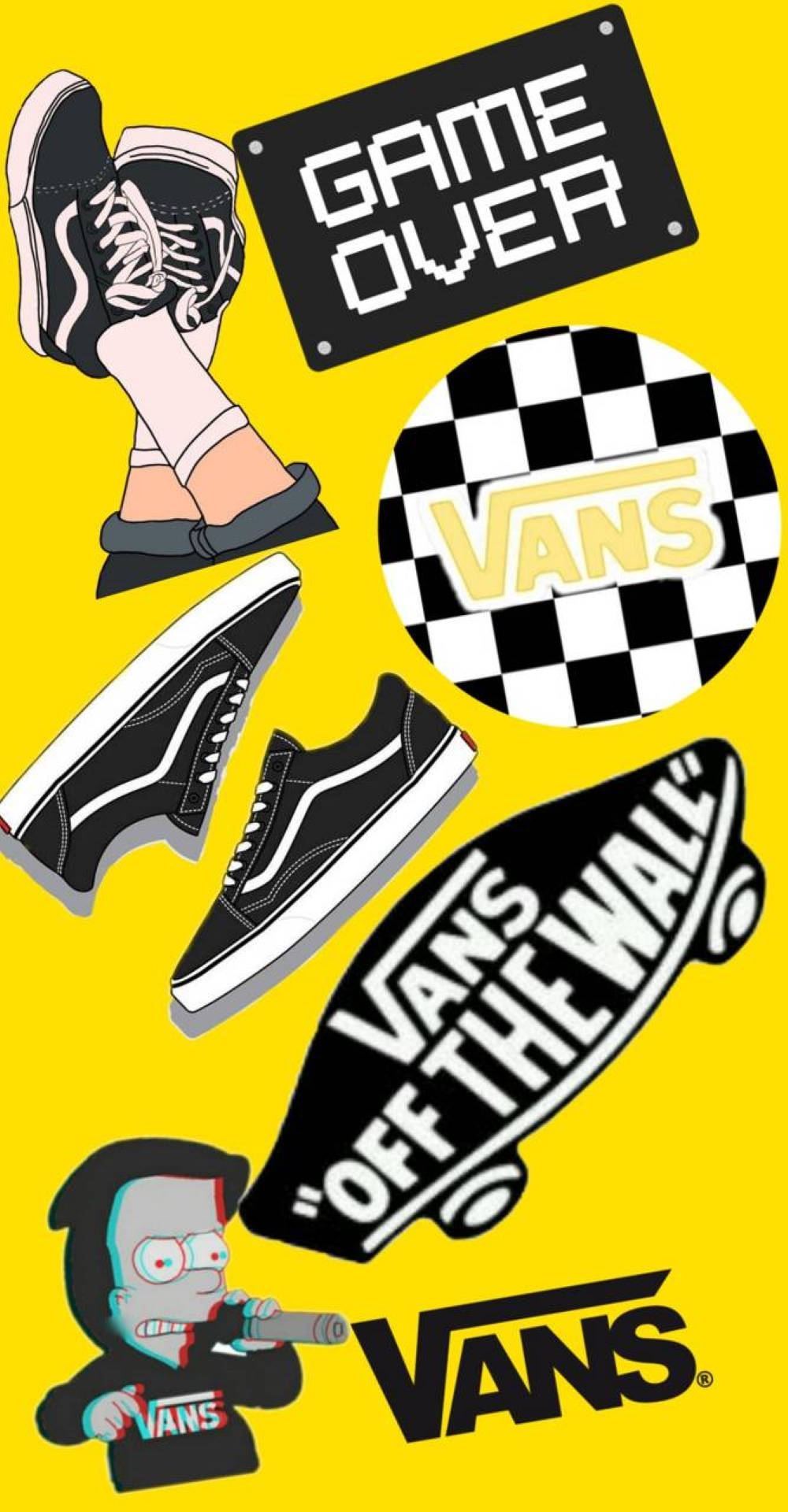 Vans Logo 桌布 壁紙 — 充滿活力的黃色背景，Vans 滑板鞋、格紋標誌、遊戲結束標誌和拿著麥克風的荷馬·辛普森。