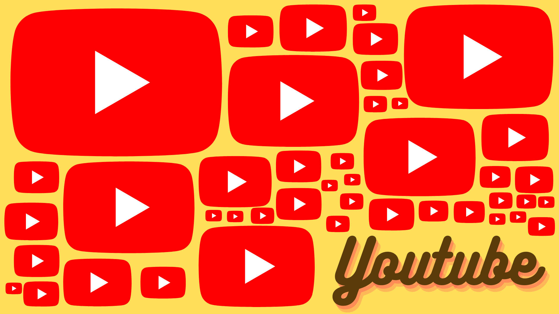 YouTube 標誌 桌布 壁紙 — 充滿活力的黃色背景，上面有各種尺寸的紅色 YouTube 播放按鈕和棕色字體的 YouTube 標誌。