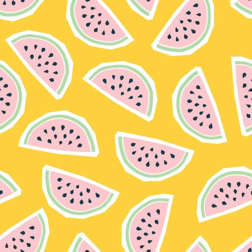  壁紙 — 充滿活力的黃色背景，上面有白色和綠色勾勒的風格化粉紅色西瓜片。