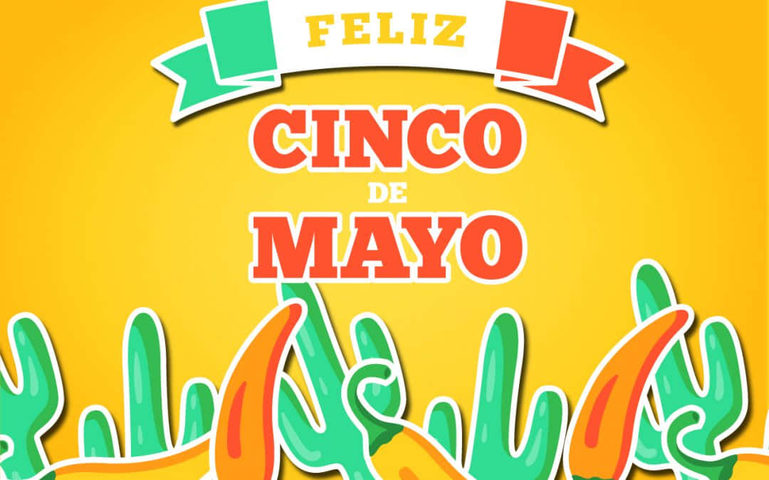 Happy Cinco De Mayo 桌布 壁紙 — 充滿活力的黃色背景，上面有粗體紅色文字寫著「Feliz Cinco de Mayo」，下方是風格化的綠色仙人掌和橙色辣椒。