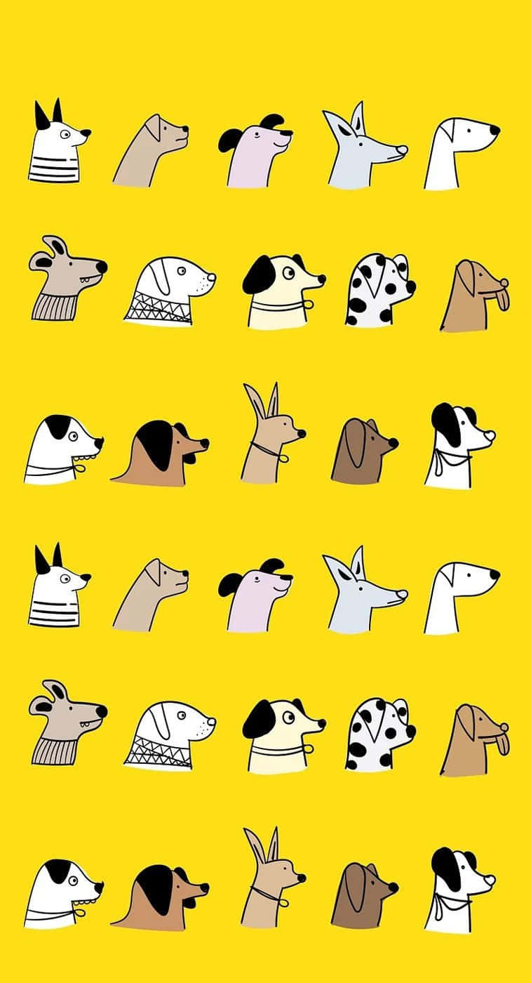Aesthetic Dog 桌布 壁紙 — 充滿活力的黃色背景，上面重複著各種品種和圖案的風格化狗頭插圖。