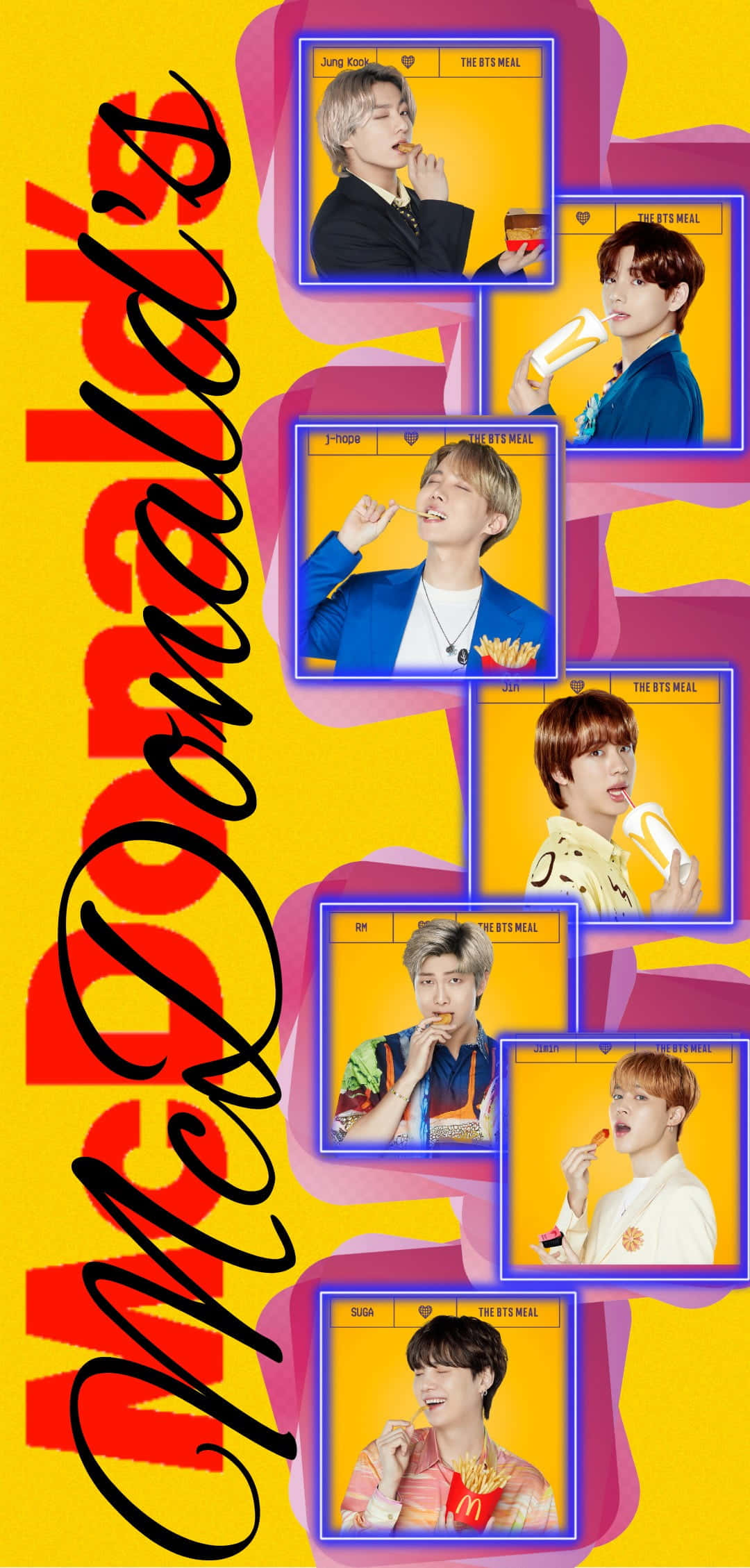 Bts Mac 桌布 壁紙 — 充滿活力的黃色背景，六位BTS成員在色彩繽紛的框架中享受麥當勞食物，表情俏皮。