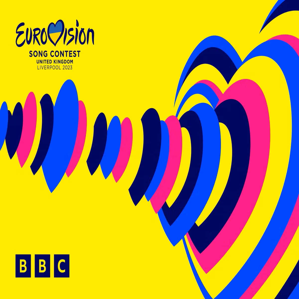 Eurovision 2023 桌布 壁紙 — 充滿活力的黃色背景，大膽的藍色和粉紅色心形形成動態波浪圖案。