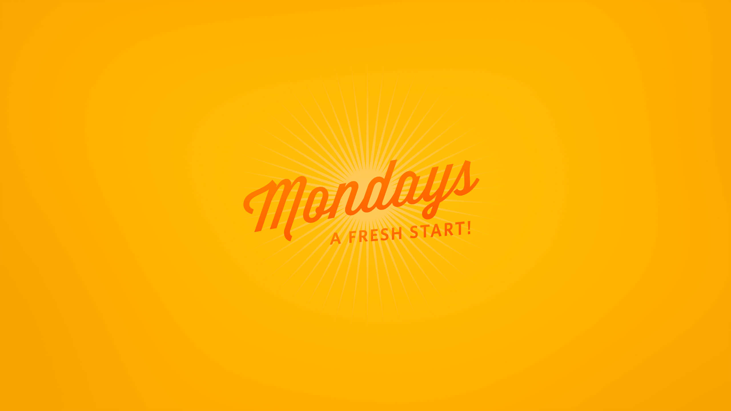 Monday 桌布 壁紙 — 充滿活力的黃色背景，帶有橙色太陽爆發文字，以復古字體寫著「Mondays A FRESH START!」。