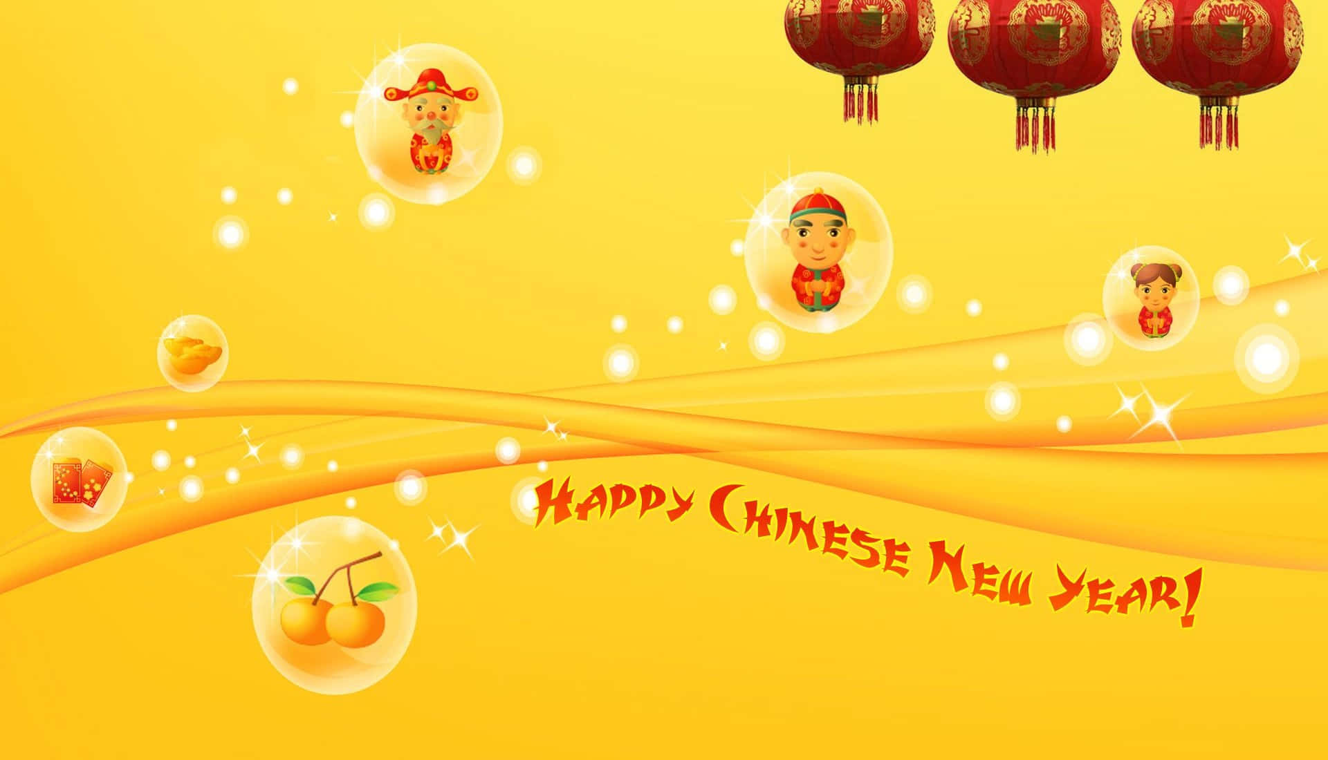 春節 桌布 壁紙 — 充滿活力的黃色背景，帶有漂浮的氣泡，包含農曆新年符號和紅色燈籠。