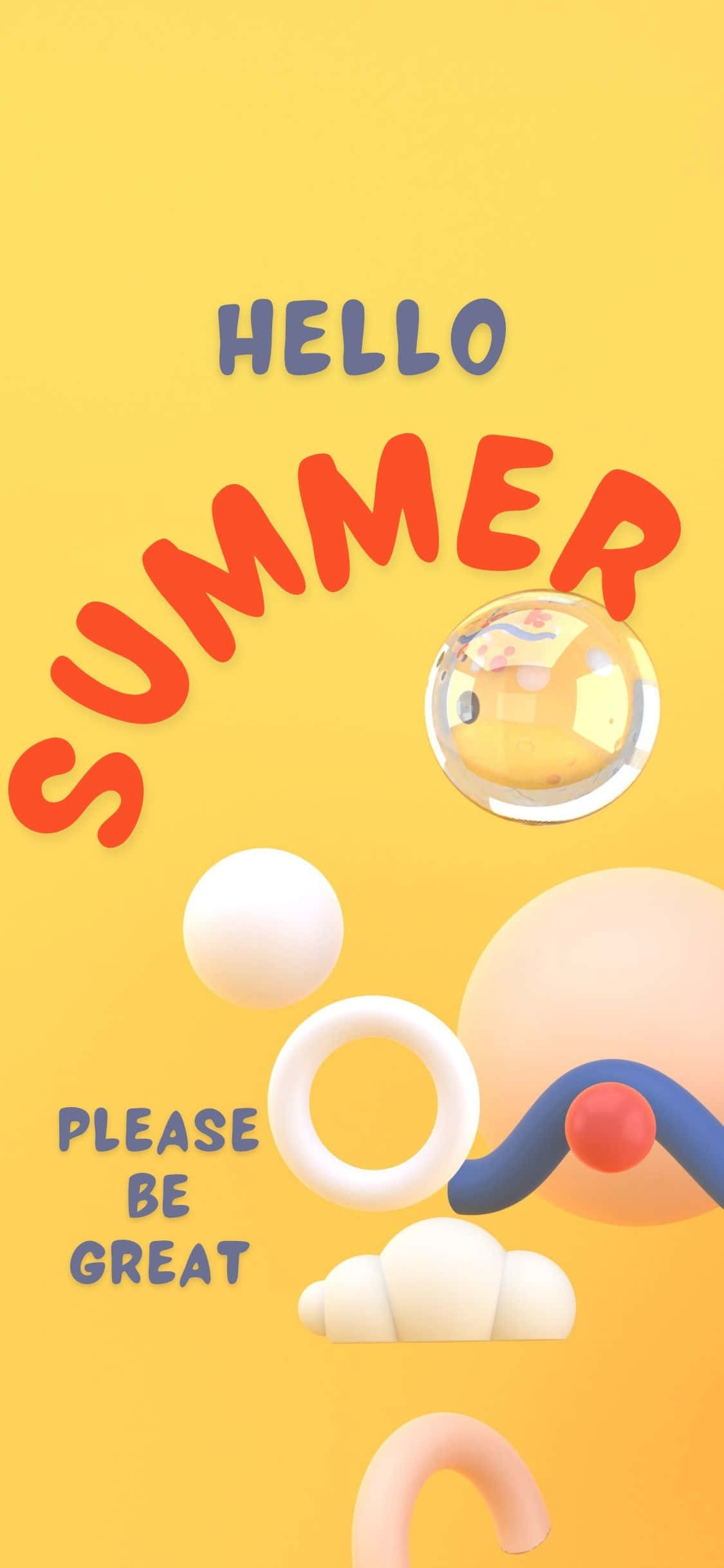 夏天 桌布 壁紙 — 充滿活力的黃色背景，帶有粗體紅色「SUMMER」文字和有趣的3D形狀，包括氣泡和雲朵。