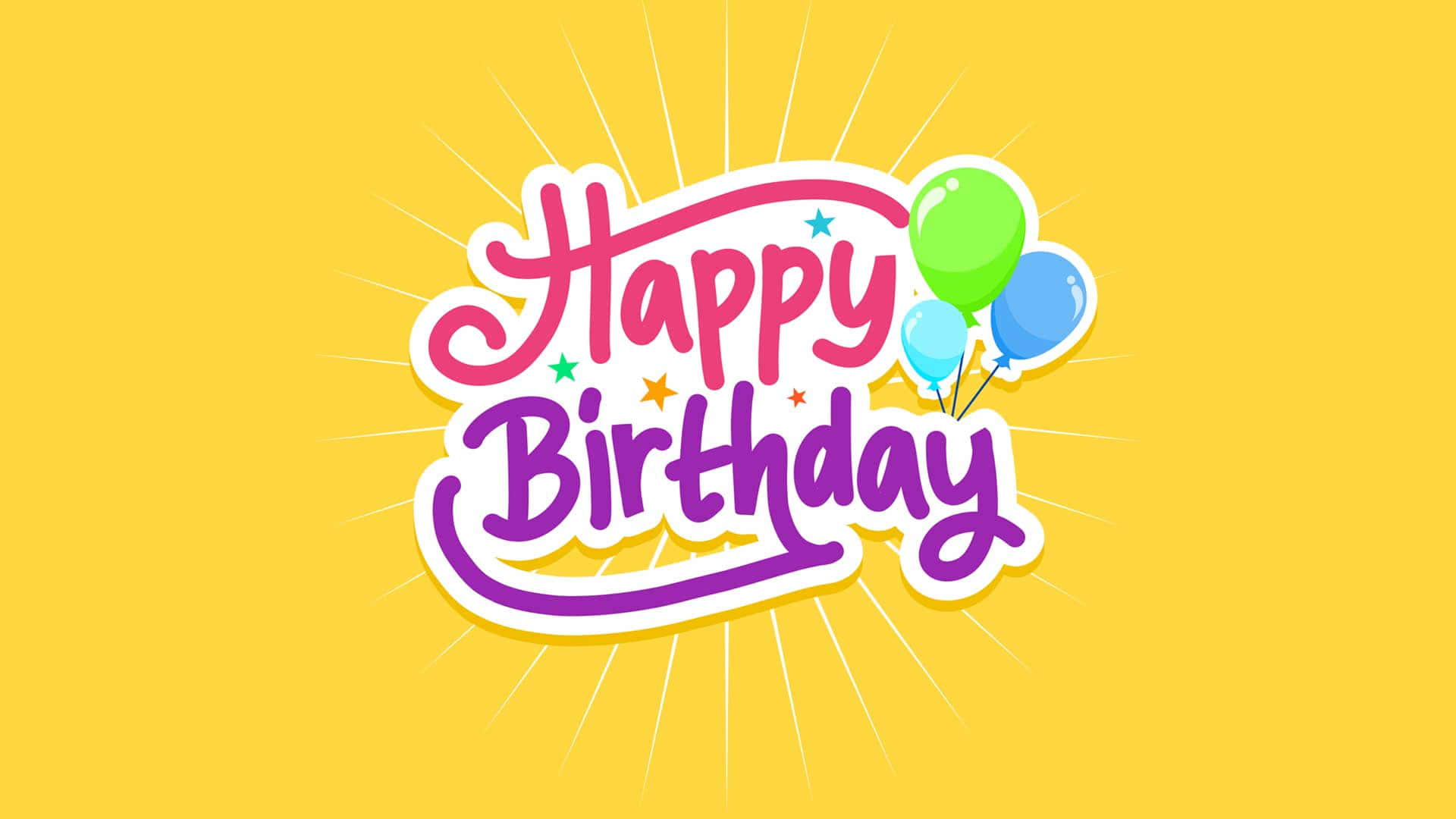 黃色美學 桌布 壁紙 — 充滿活力的黃色背景，帶有色彩繽紛的「Happy Birthday」文字和氣球，散發出歡樂的光芒。
