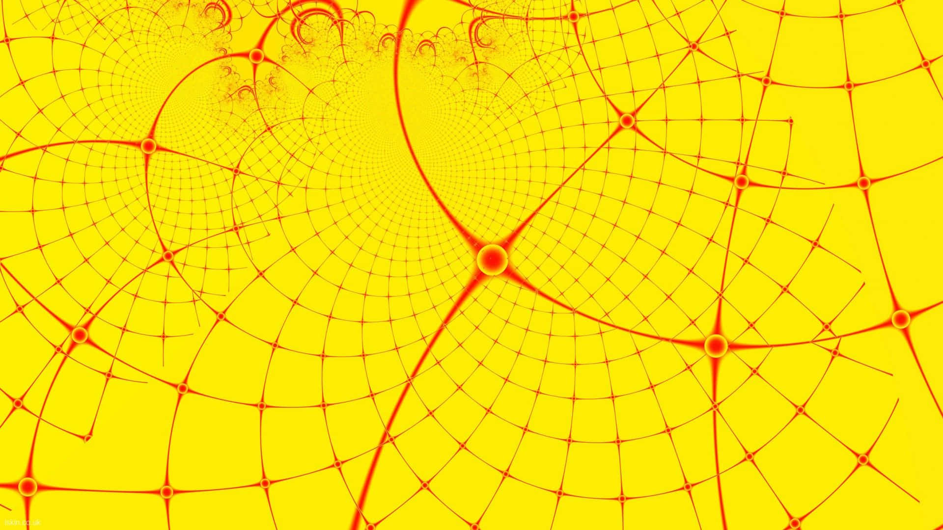 Yellow Geometric 桌布 壁紙 — 充滿活力的黃色背景，帶有複雜的紅色碎形圖案，形成螺旋幾何設計。