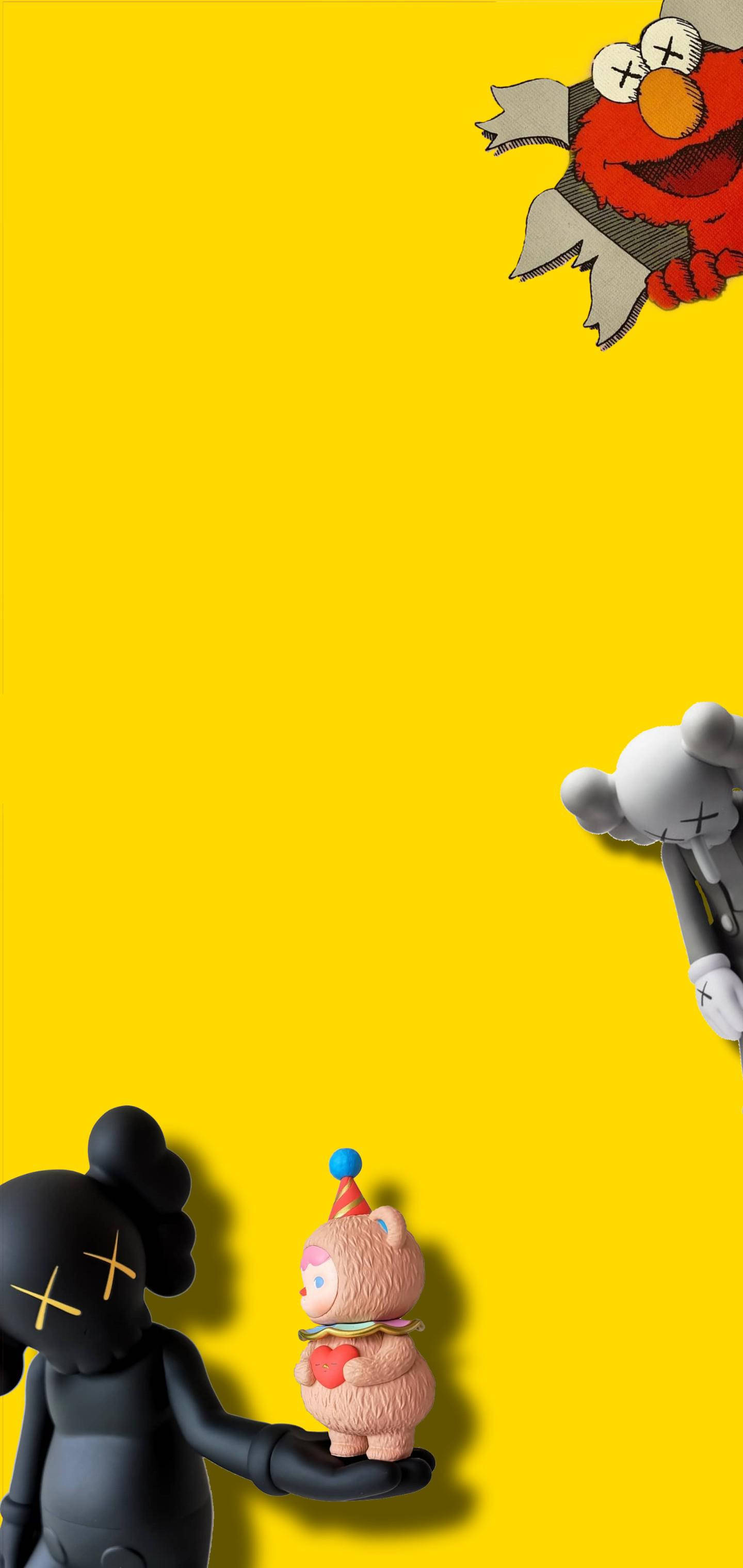 KAWS 桌布 壁紙 — 充滿活力的黃色背景，帶有風格化的卡通角色，包括 Elmo 和 KAWS 人物，姿勢俏皮。