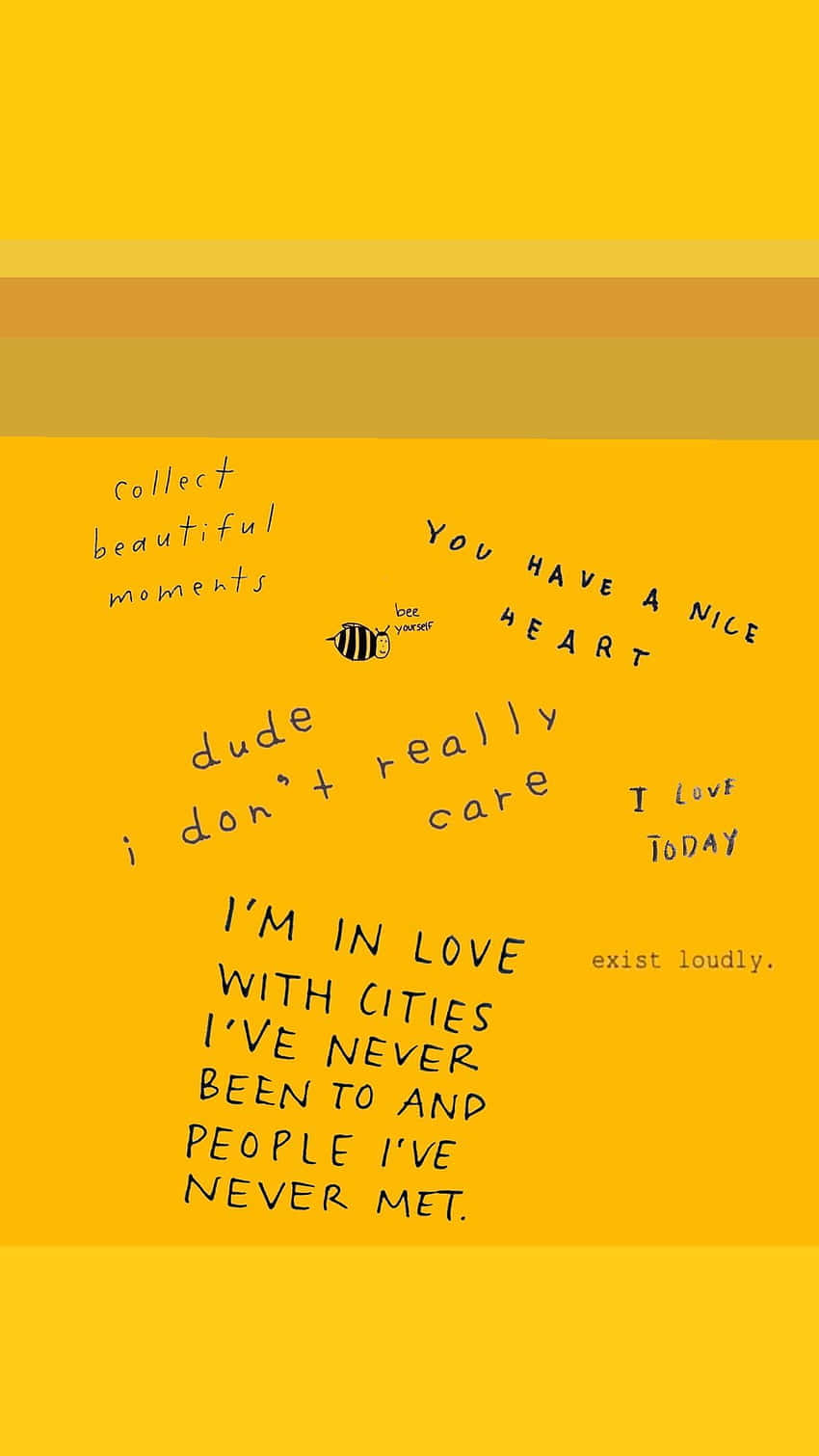 Yellow 桌布 壁紙 — 充滿活力的黃色背景，散落著手寫短語和一個小蜜蜂插圖。